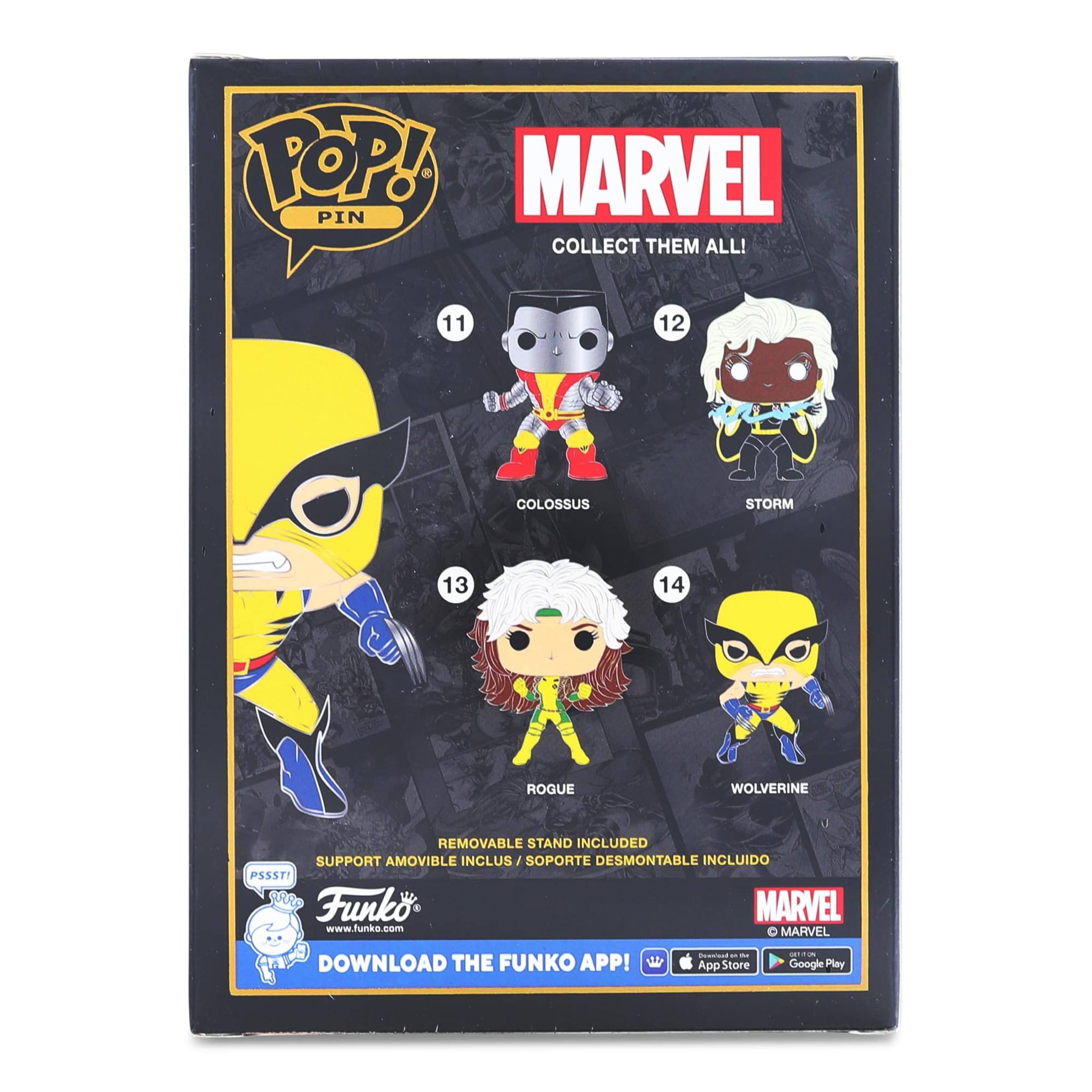 Sure, here is the corrected and grouped text from the image:

---

**POP! PIN**

**MARVEL**  
COLLECT THEM ALL!

11 COLOSSUS  
12 STORM  
13 ROGUE  
14 WOLVERINE

REMOVABLE STAND INCLUDED / SOPORTE DESMONTABLE INCLUIDO

**Funko**  
www.funko.com

DOWNLOAD THE FUNKO APP!  
- App Store  
- Google Play

---

**MARVEL**  
© MARVEL

---
