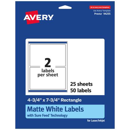 Go to avery.com/templates
AVERY
Use Avery™ Template Presta® 94255
2 labels per sheet
25 sheets
50 labels
4-3/4" x 7-3/4" Rectangle
Matte White Labels
with Sure Feed® Technology
for Laser/Inkjet
