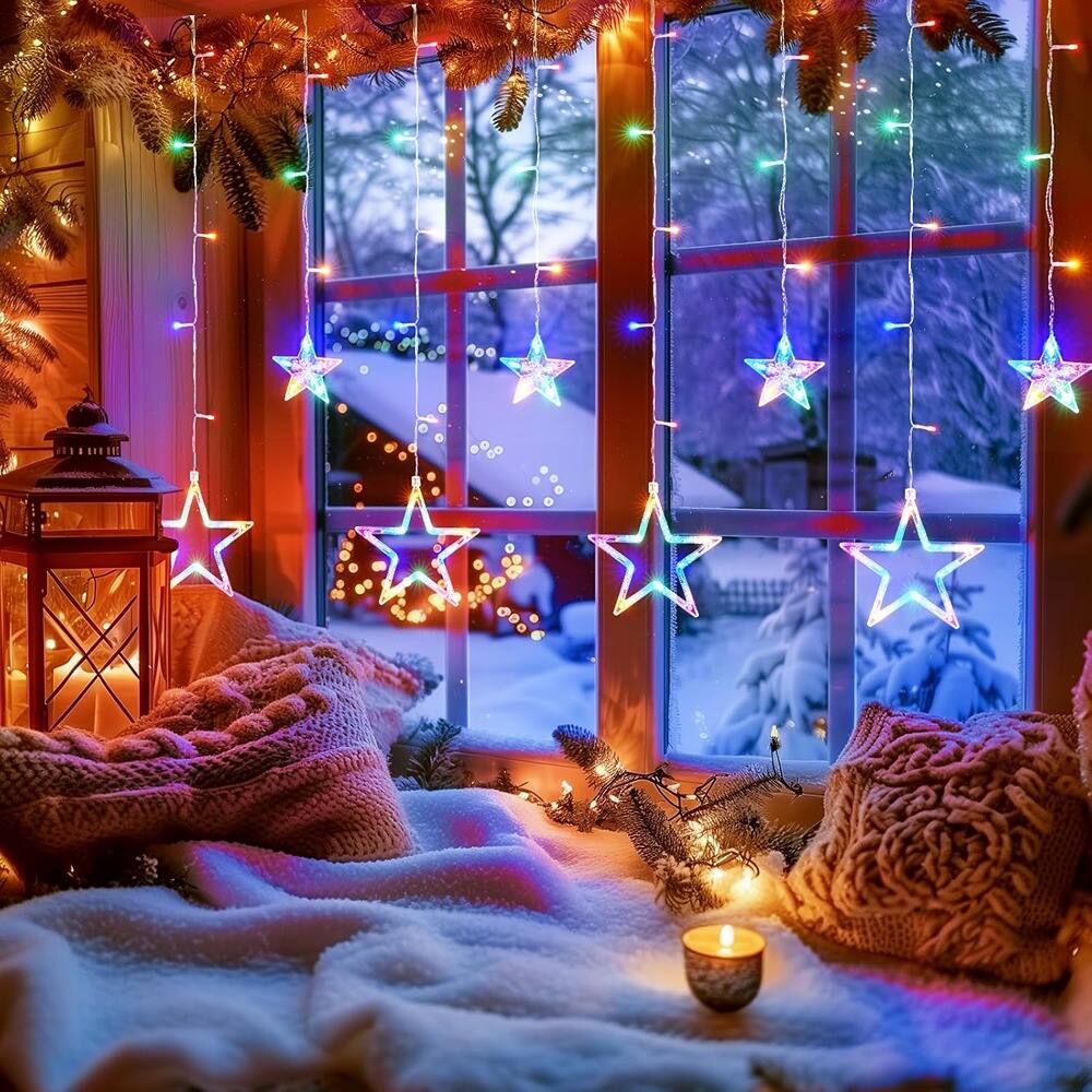 Alt View 3. MOSZAR LLC - LED Star Curtain Lights – 138 LEDs, 12 Stars, Remote & Timer, Dimmable.