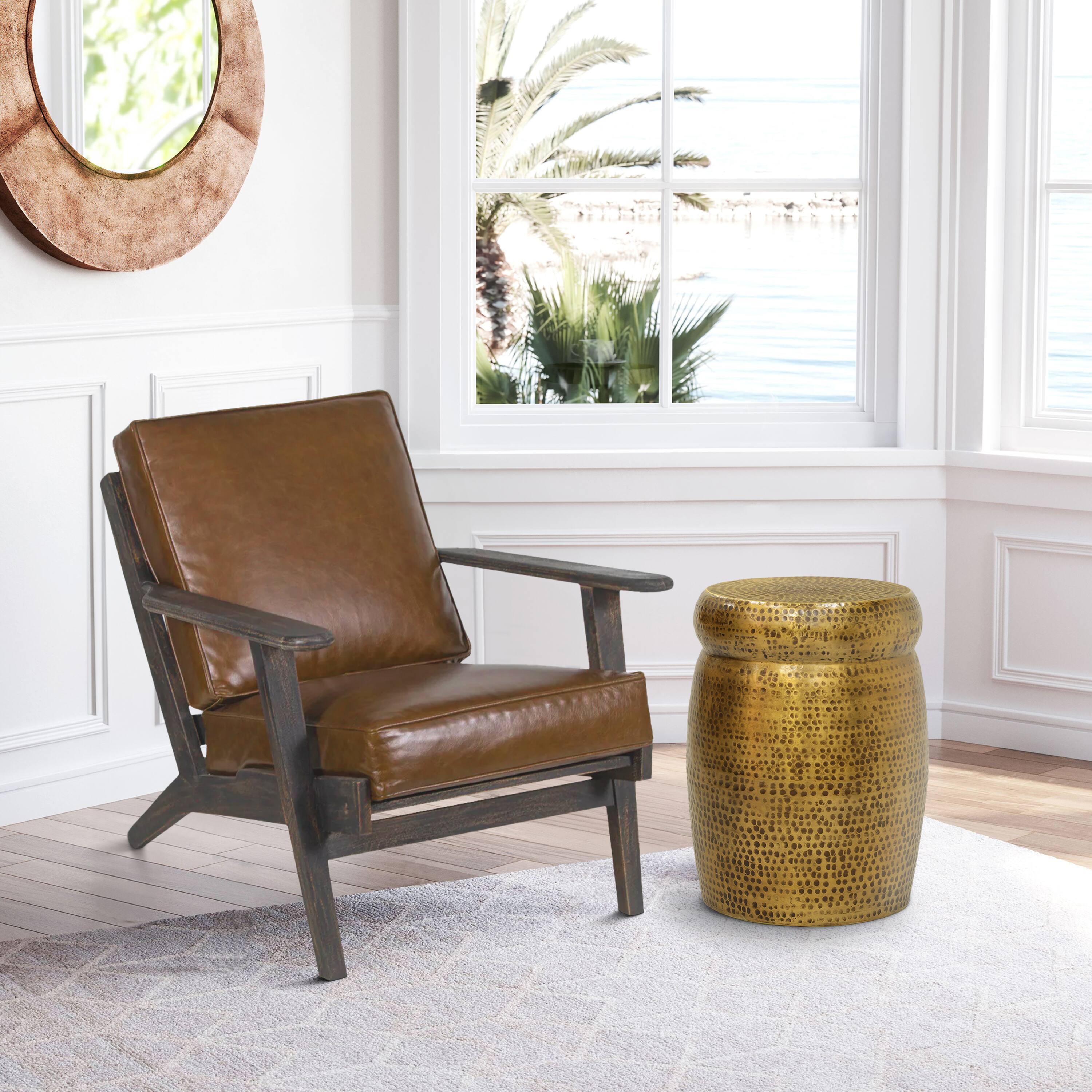 Alt View 9. Manhattan Lane - Kvira 21" Round Drum Side End Table | Artisan Hammered Embossed Texture - Antique Brass.