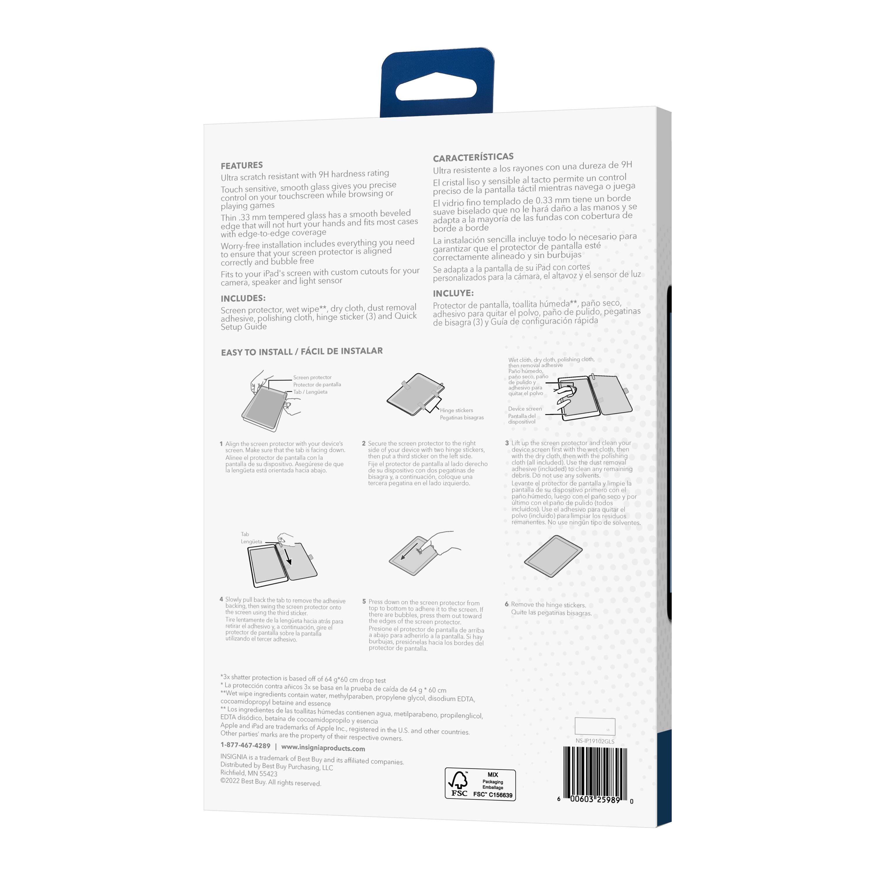 The image features a white box with a blue handle, which contains a screen protector for a touchscreen device. The box includes a cloth for dust removal, a polishing cloth, and a screen protector wipe. The packaging also features a diagram of the product, along with instructions for installation. The box is designed to protect the device's screen and ensure it remains scratch-free.