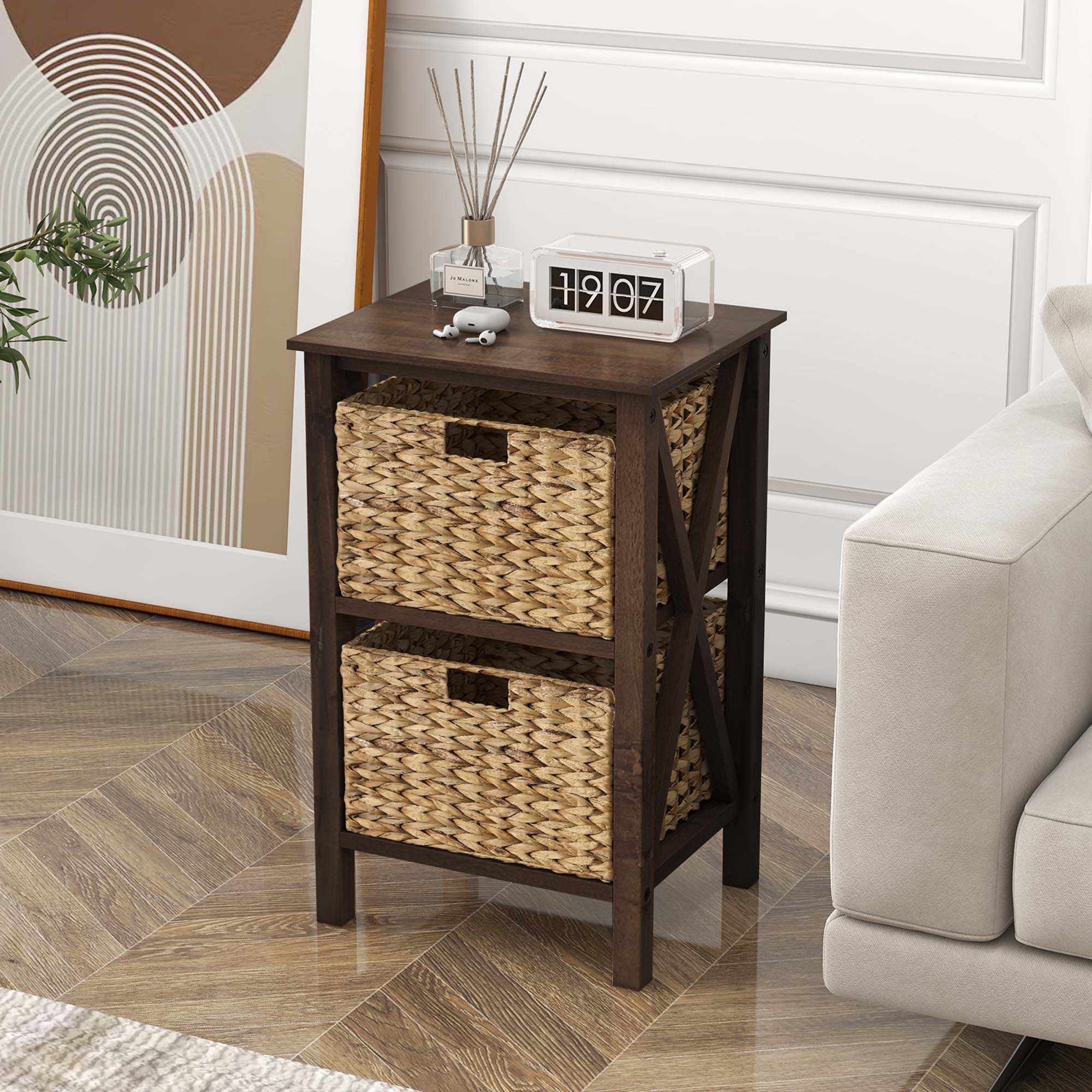 Alt View 11. Costway - 2 PCS 2-Tier Nightstand with 2 Seagrass Baskets Rubber Wood X-Shaped Frames 2 Drawers - Walnut/Natural.