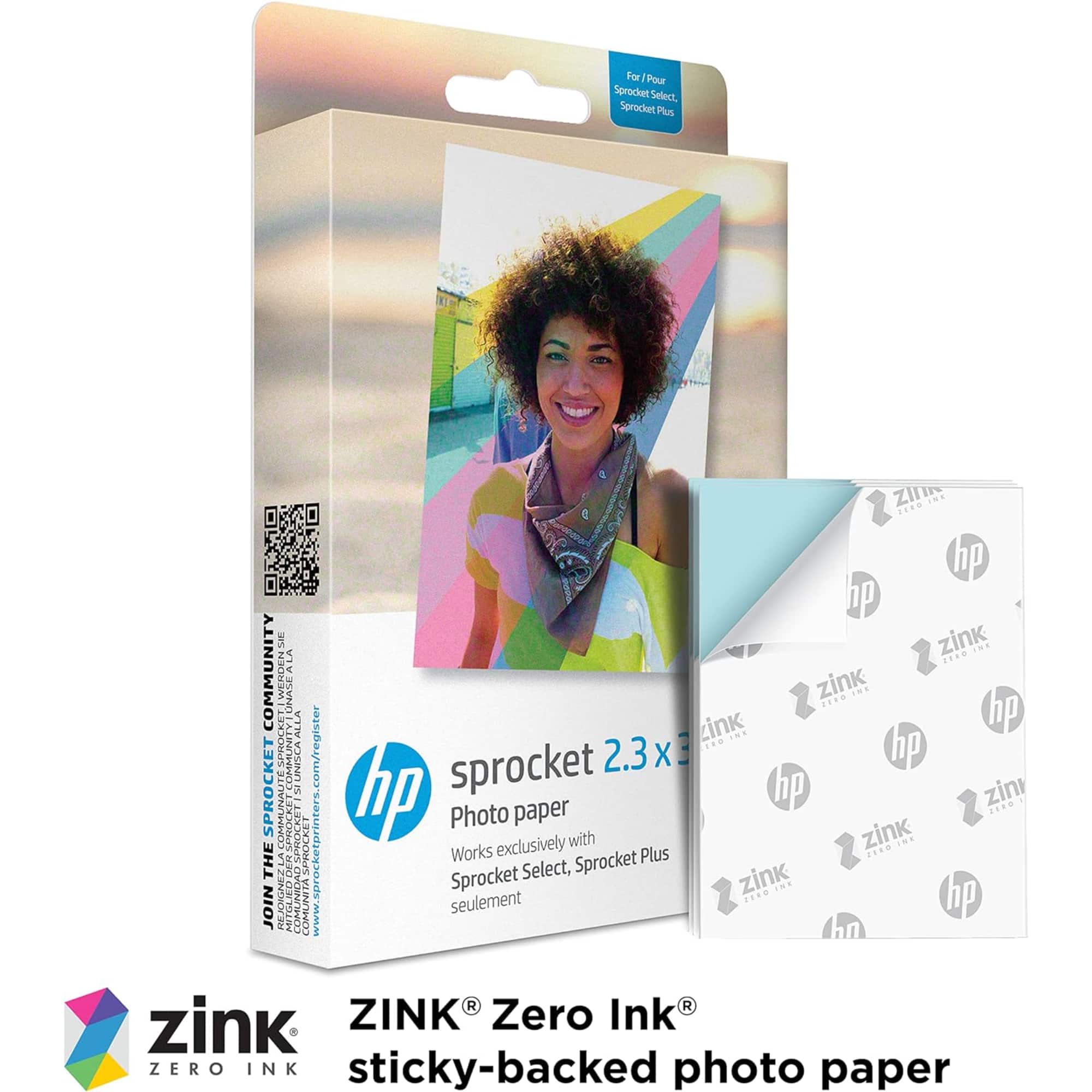 For/Pour Sprocket Select, Sprocket Plus. Works exclusively with Sprocket Select, Sprocket Plus seulement. ZINK® Zero Ink® sticky-backed photo paper.