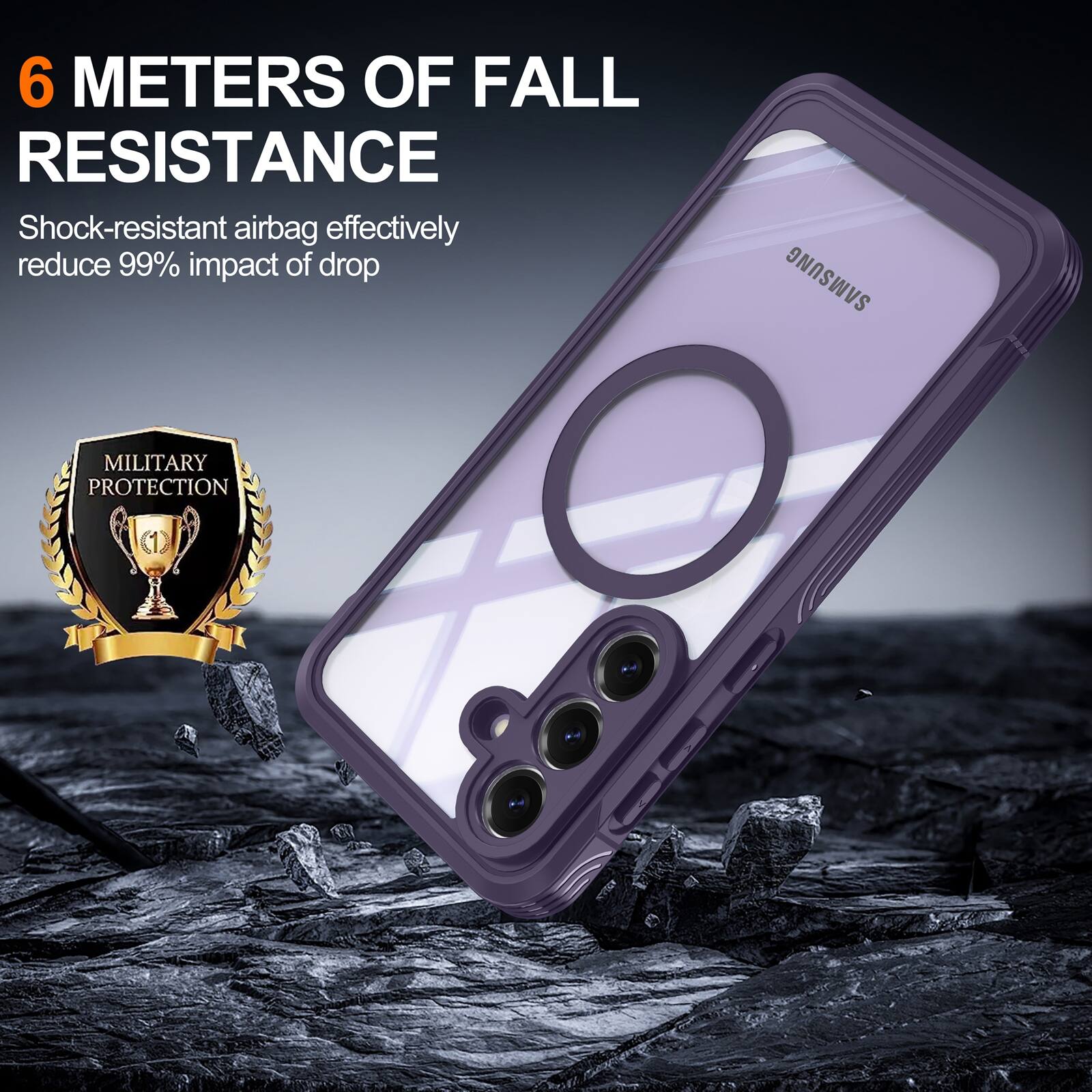 6 METERS OF FALL RESISTANCE  
Shock-resistant airbag effectively reduce 99% impact of drop  

SAMSUNG  
MILITARY PROTECTION