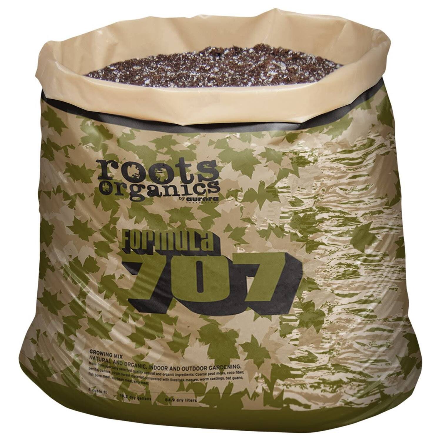 Roots Organics by Aurora  
Formula 707  
GROWING MIX  
NATURAL AND ORGANIC. INDOOR AND OUTDOOR GARDENING.  
Selected specific and coarse peat-based ingredients:  
- Permeated with worm castings  
- Bat guano  
- 10% perlite  
- 12% dry cellans  
- 64.9% dry titers