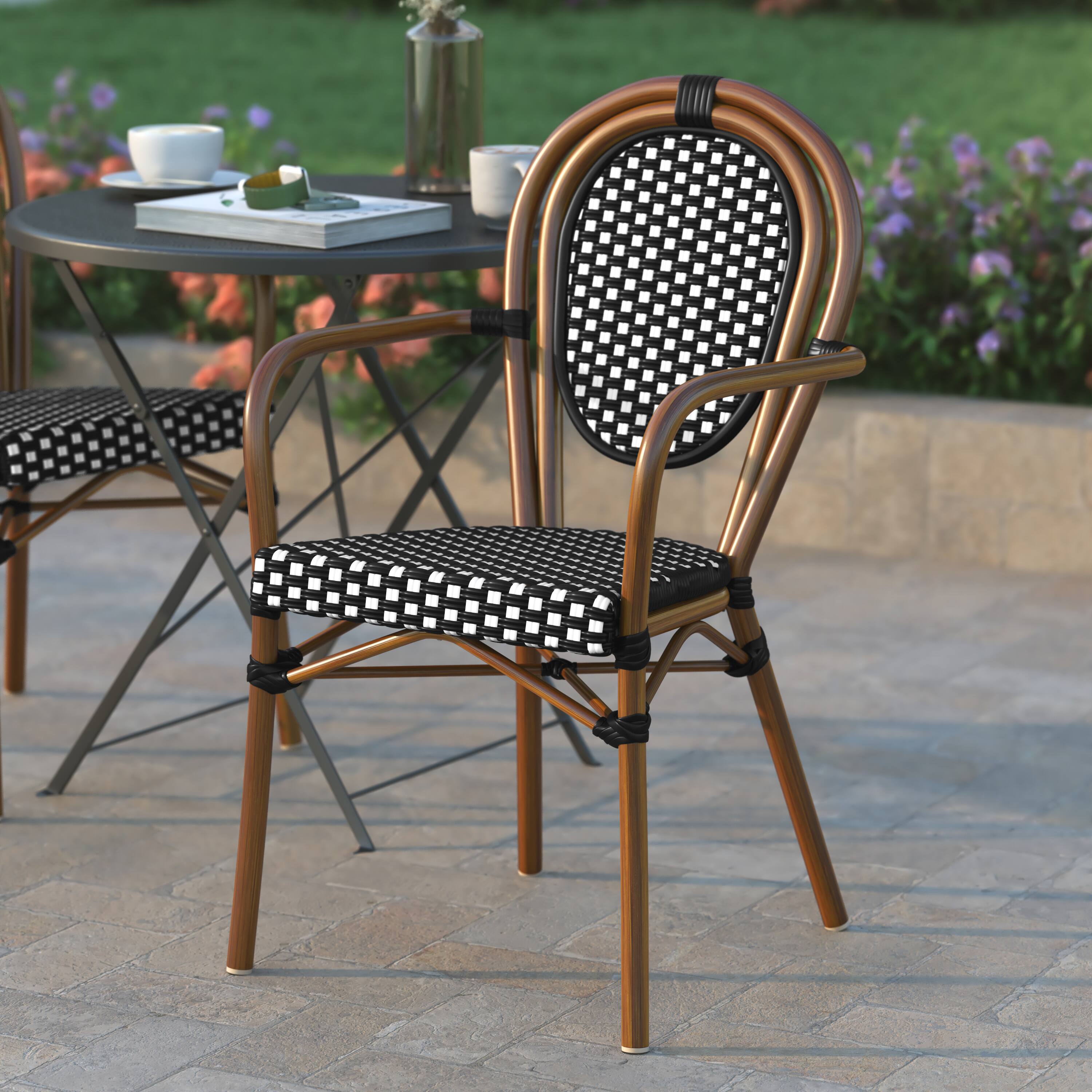 Alt View 3. Emma + Oliver - Colmar Indoor/Outdoor Stacking Thonet Bistro Style Chair with Arms, PE Rattan Seat and Finished Metal Frame - Black & White/Natural Frame.