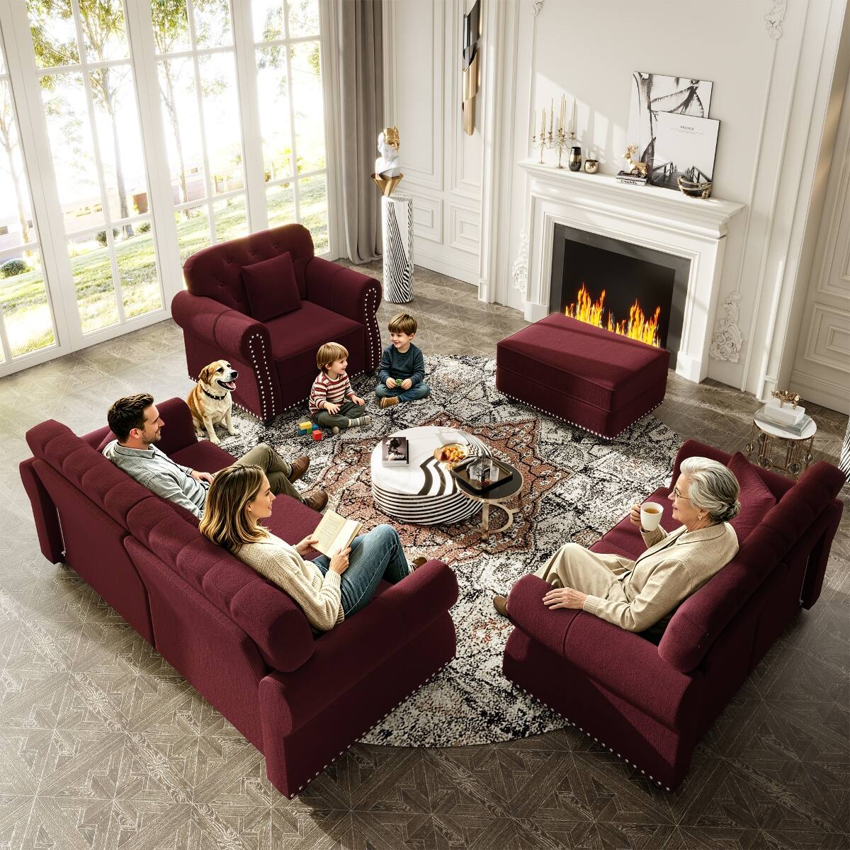 Left. Ropilly - Ropilly Burgundy Velvet Sofa with Ottoman, Mid Century Modern Chesterfield Sofa, Button Tufted Rolled Arms - Burgundy.