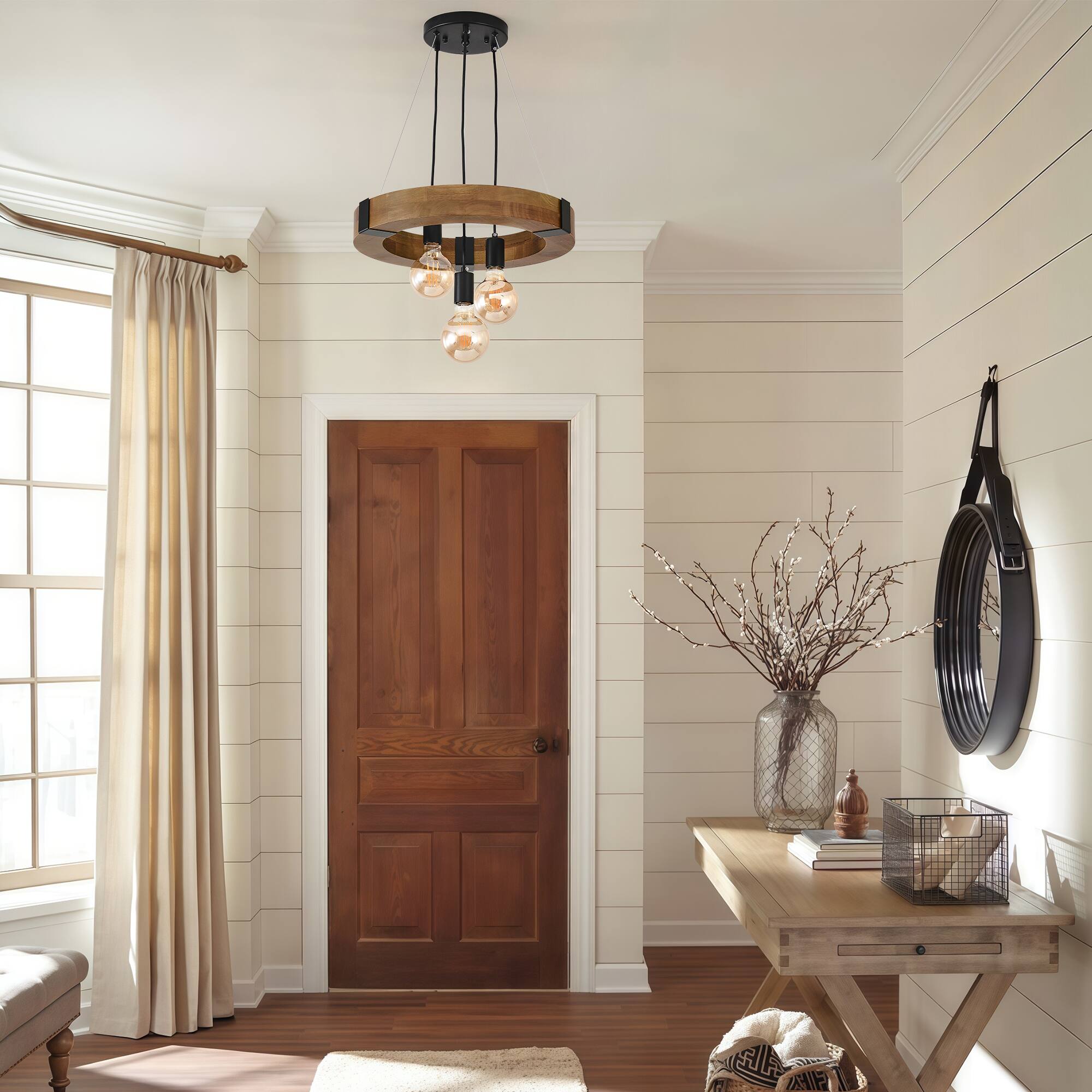 Left. RYHNUYNE - 3-Light Farmhouse Wooden Chandelier 17.72in Circular Pendant with Adjustable Height Rustic Natural Wood Ceiling Light.