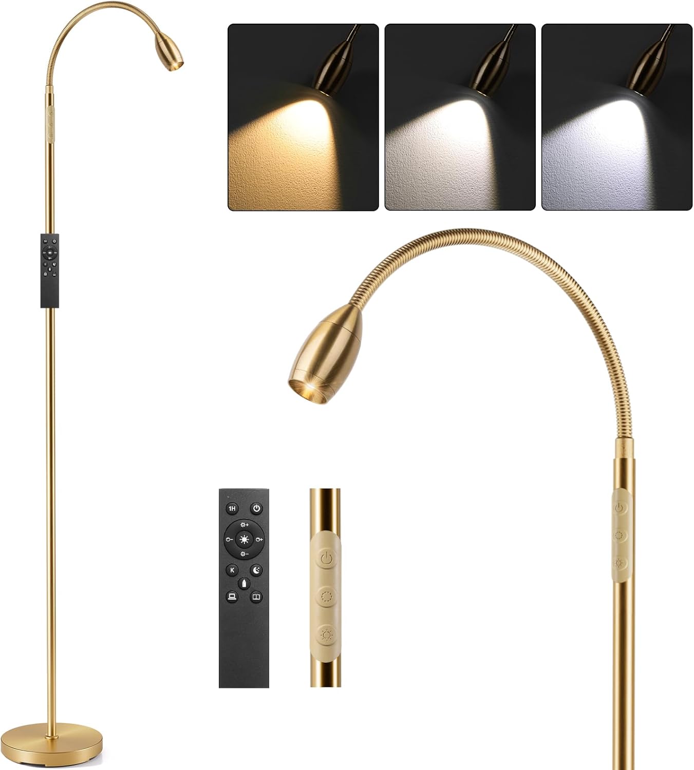 Front. Nordic Hygge - 72Inch Tall LED Dimmable Reading Floor Lamp with Flexible Gooseneck - Antique Brass.