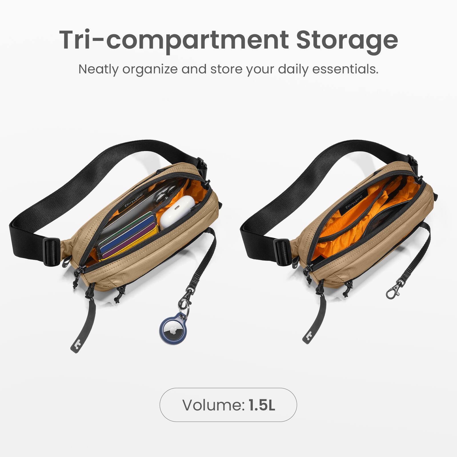 Tri-compartment Storage Neatly organize and store your daily essentials. Volume: 1.5L