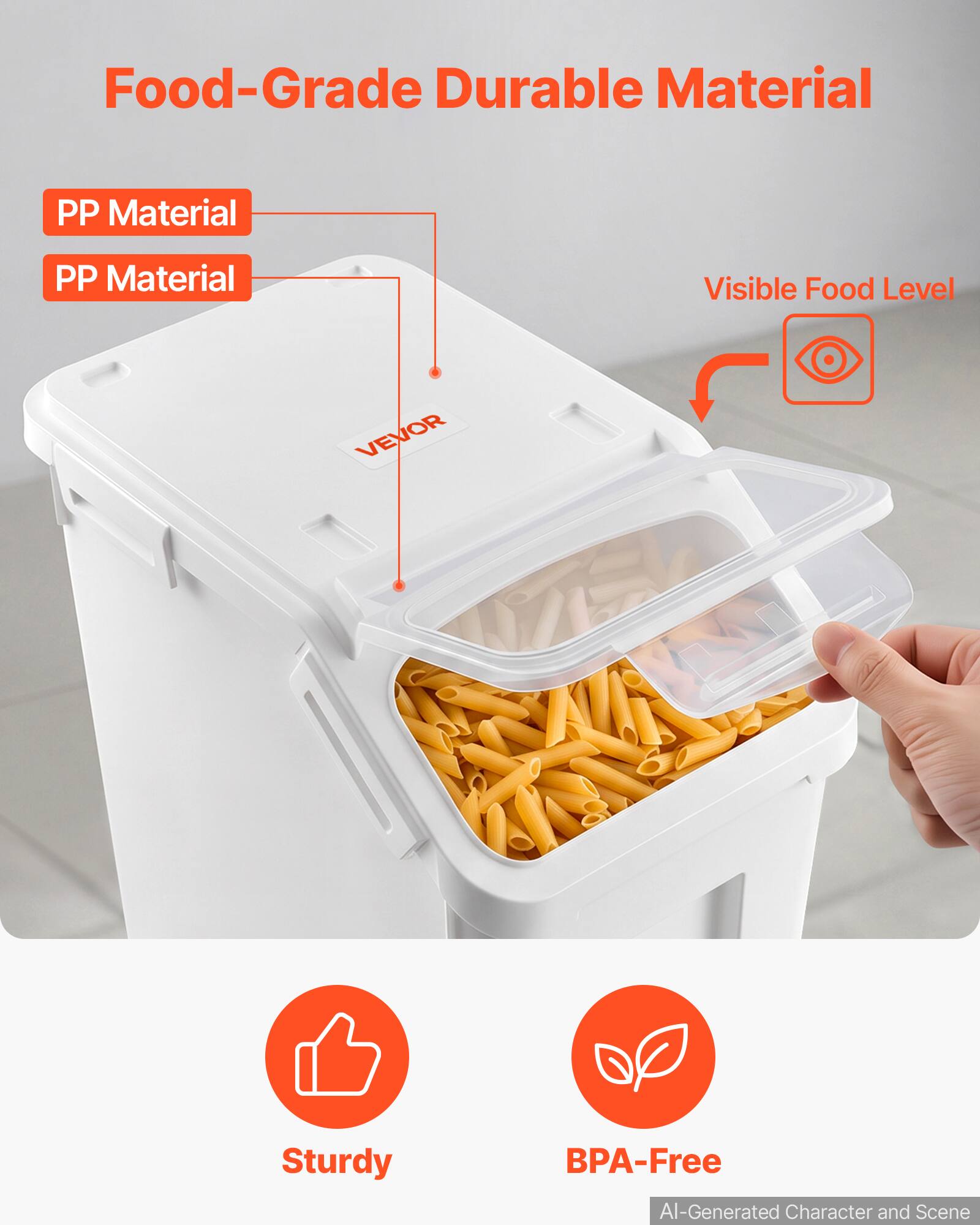 Food-Grade Durable Material  
PP Material  
Visible Food Level  
VEVOR  
Sturdy  
BPA-Free  
AI-Generated Character and Scene