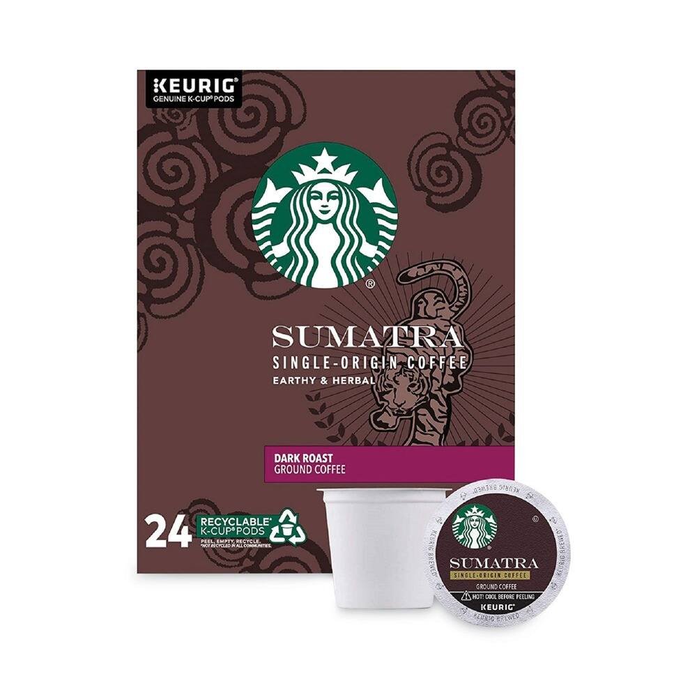 KEURIG GENUINE K-CUP PODS  
SUMATRA SINGLE-ORIGIN COFFEE  
EARTHY & HERBAL  
DARK ROAST GROUND COFFEE  
RECYCLABLE  
24 K-CUP PODS  

PEEL, EMPTY, RECYCLE  

SUMATRA  
SINGLE-ORIGIN COFFEE  
EARTHY & HERBAL  
DARK ROAST GROUND COFFEE  

HOT COOL BEFORE FEELING  
KEURIG