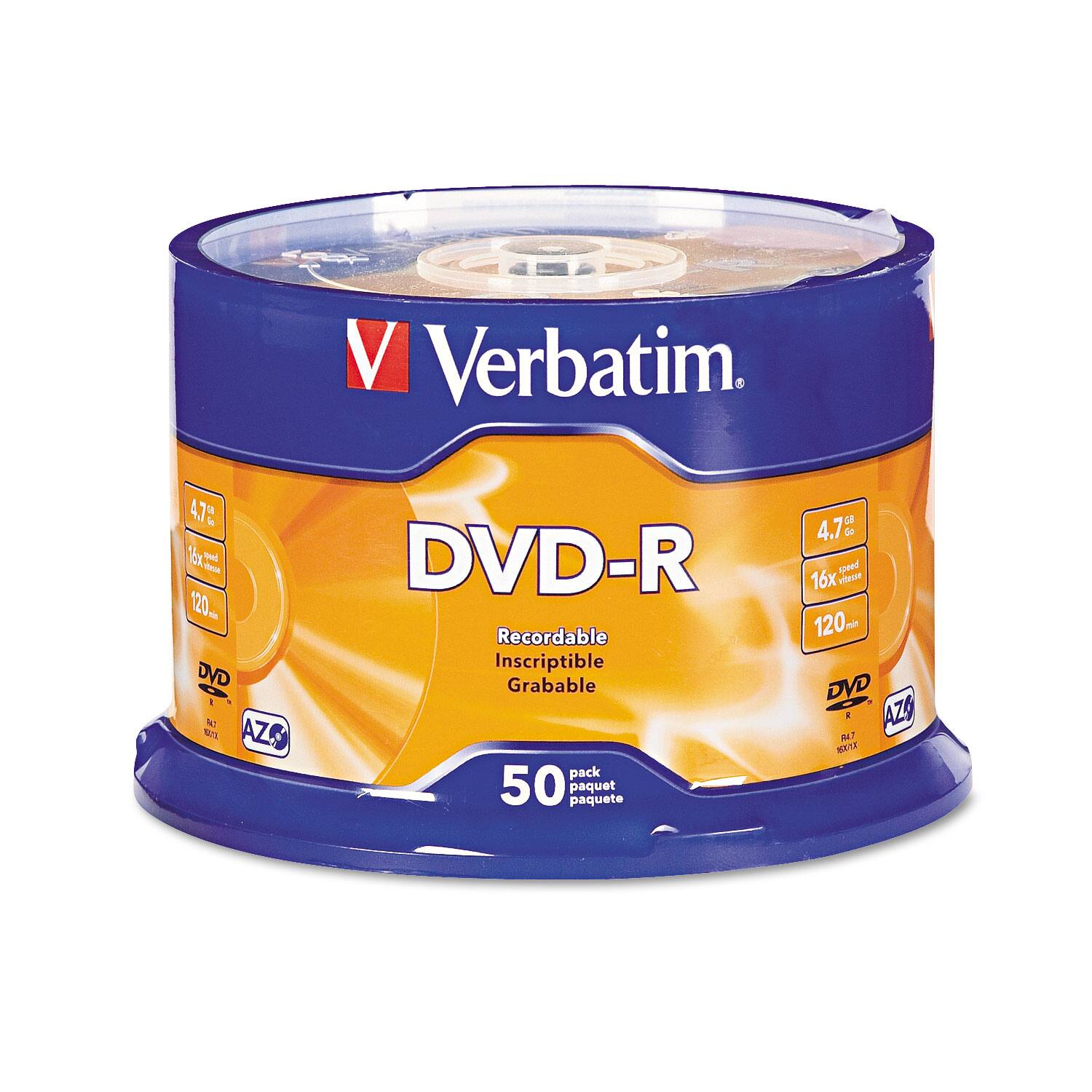 Verbatim  
DVD-R  
Recordable  
Inscriptible  
Grabable  
4.7 GB  
16x Speed  
120 min  
AZO  
50 pack  
paquete