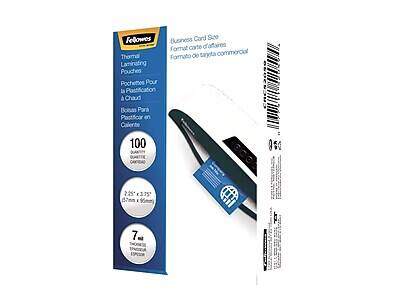 Fellowes Business Card Size  
Format carte d'affaires  
Formato de tarjeta comercial  

Thermal Laminating Pouches  
Pochettes Pour la Pastification à Chaud  
Pochas Para Pastificar en Caliente  

100  
QUANTITÉ  
CANTIDAD  

2.25" x 3.75"  
57mm x 95mm  

7 mil  
ESPESSO  

Thermal Laminating Pouches  
Pochettes Pour la Pastification à Chaud  
Pochas Para Pastificar en Caliente