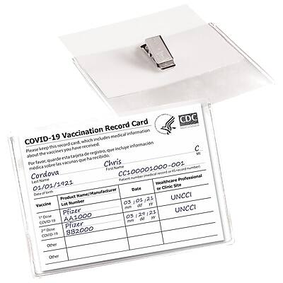 COVID-19 Vaccination Record Card  
CDC

Please keep this record card. It includes medical information about the vaccine you have received.  
Por favor mantenga esta tarjeta de registro. Incluye información médica sobre la vacuna que ha recibido.

Chris  
Cordova  
CC100000000-001  
Last Name  
01/01/1921  
Date of Birth

Healthcare Professional  
Site  
01/03/21  
Date

Vaccine  
Product Name  
Manufacturer  
Dose  
UNCCI

Pfizer  
Pfizer  
03/01/21  
AA1000  
UNCCI

Pfizer  
Pfizer  
03/24/21  
BB2000  
UNCCI

Other  
Other