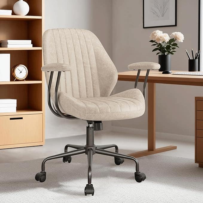 Front. Ovios - Ergonomic Mid Back Office Chair, 264lbs Capacity, Suede Fabric & Smooth Rolling Wheels for Workspace - White.