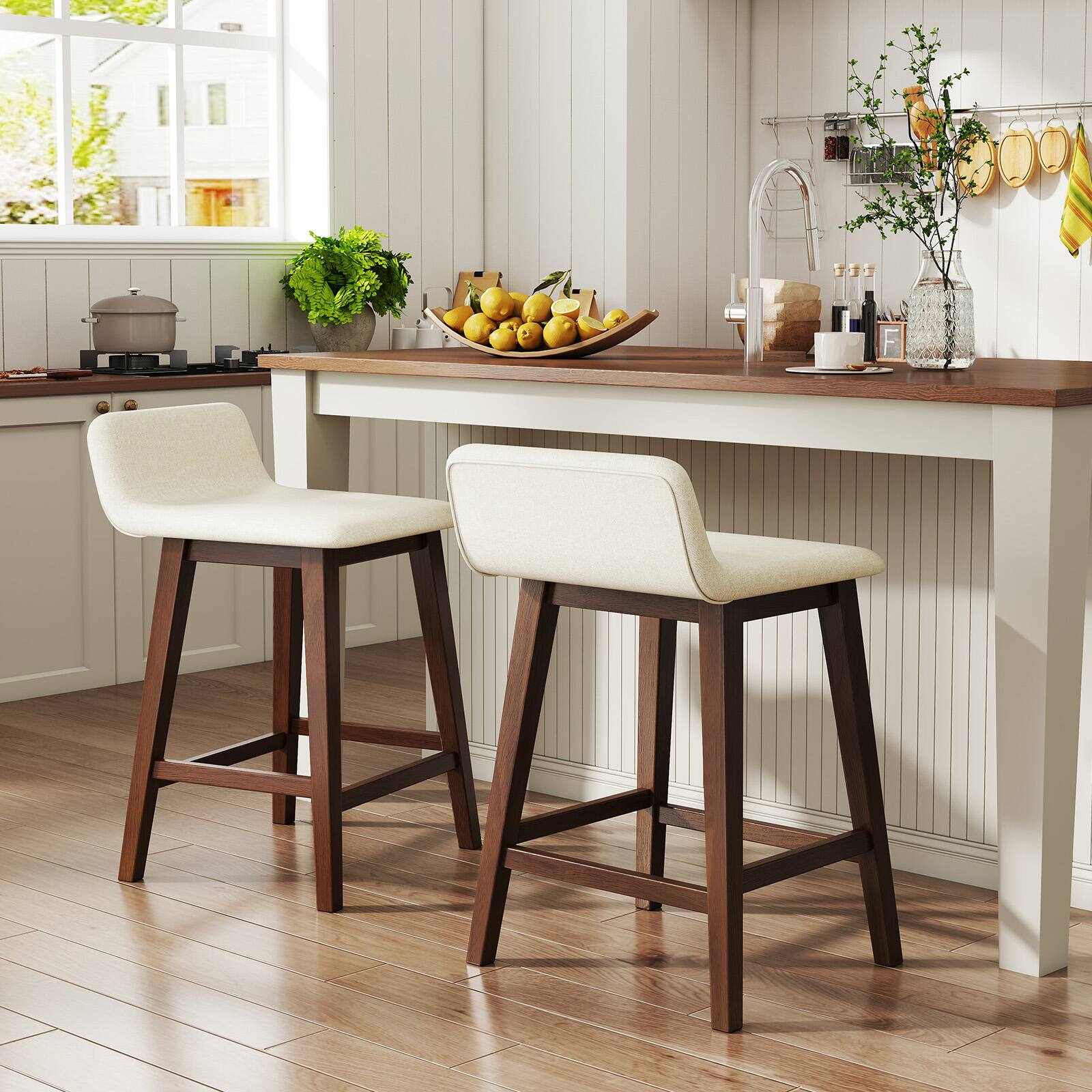 Alt View 1. Gymax - Gymax 24'' Upholstered Barstools w/ Low Back Footrest & Wood Legs for Kitchen Island - Brown, Beige.