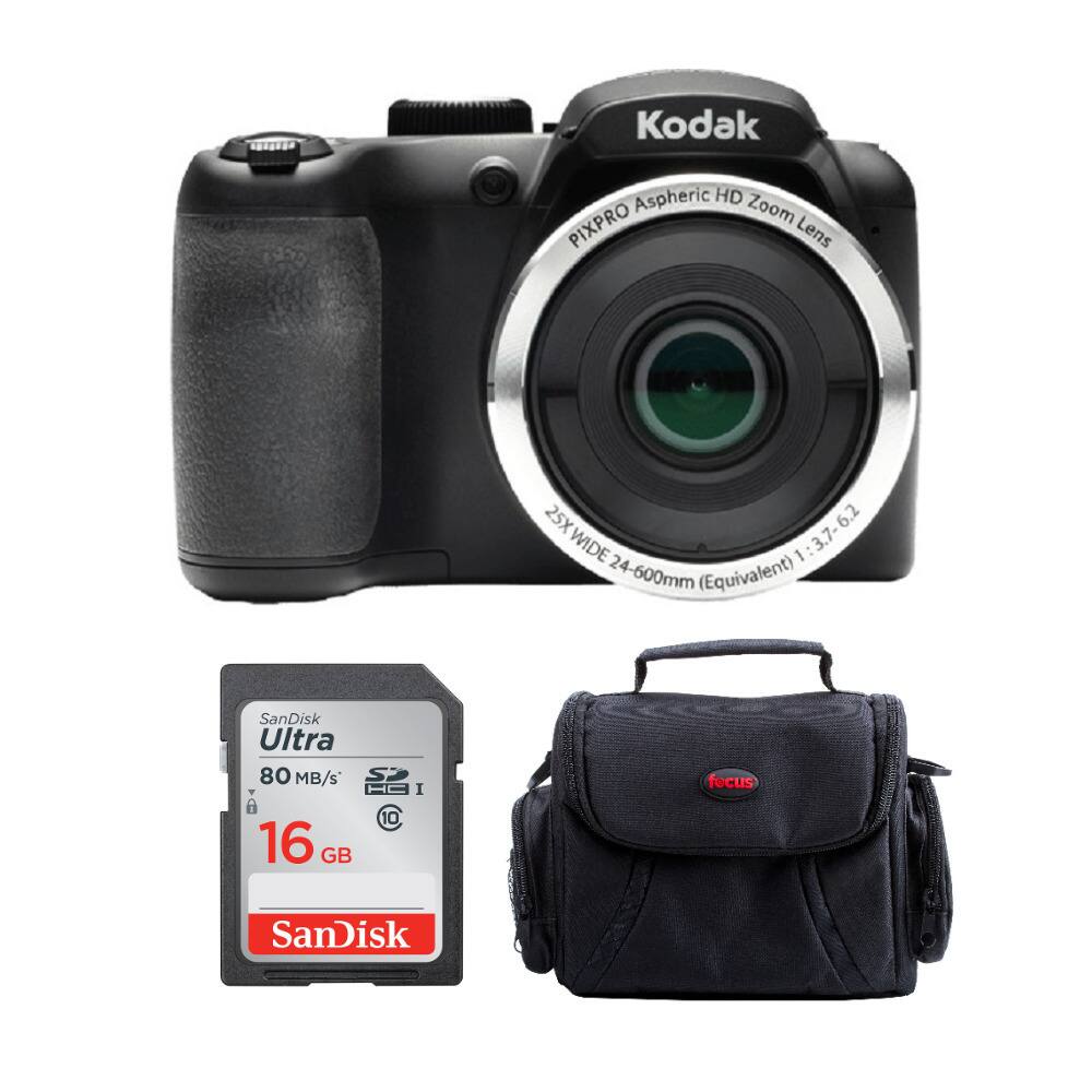 1. Kodak PIXPRO Zoom Lens 25X 6.2 WIDE 1 :3.7-6.2 :3.7- 24-600mm (Equivalent)
2. SanDisk Ultra 80 MB/s I C 10 16 GB focus
3. Black camera bag