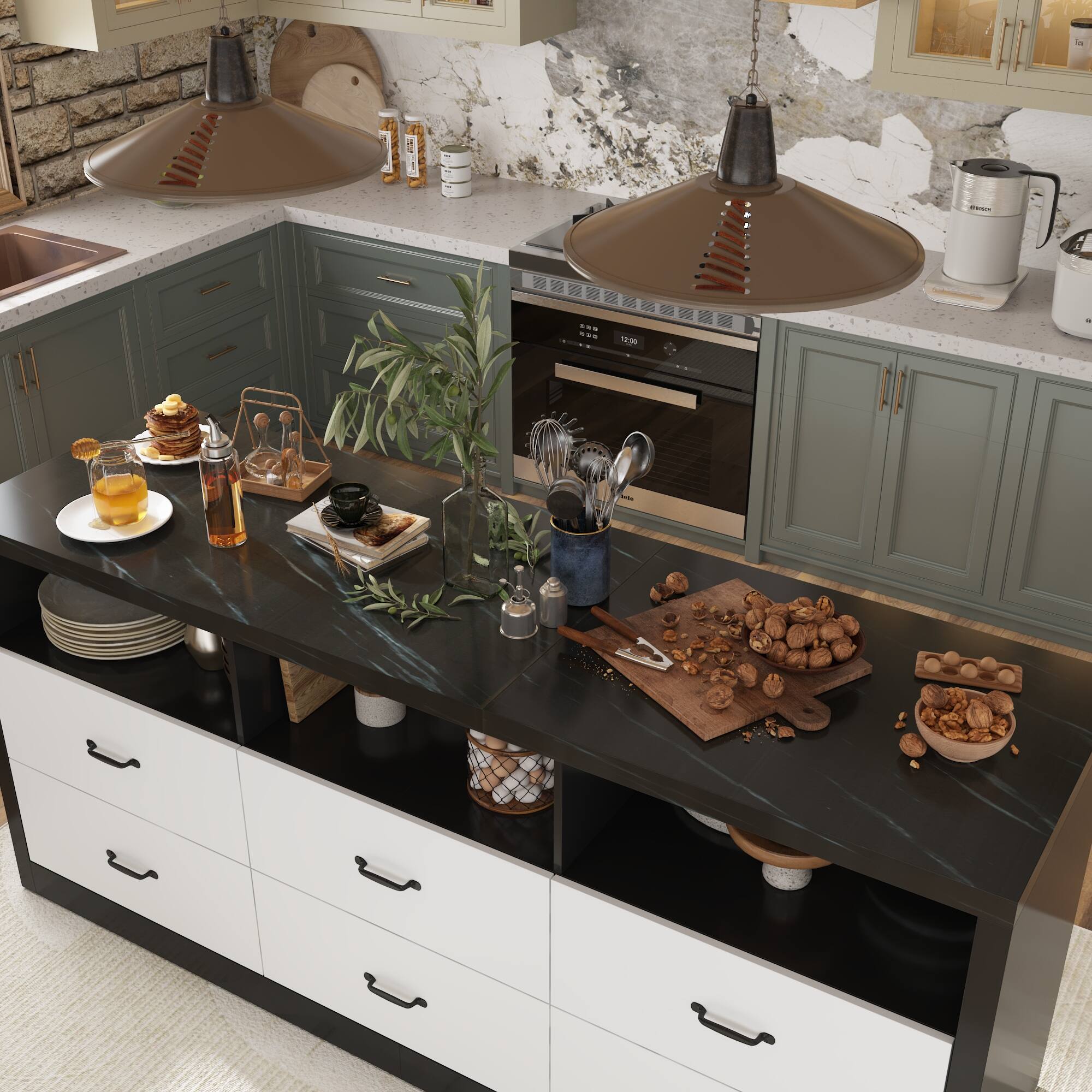 Alt View 10. Famapy - Famapy Industrial - Style Kitchen Island: Blend Function & Rustic Charm - White & Black.