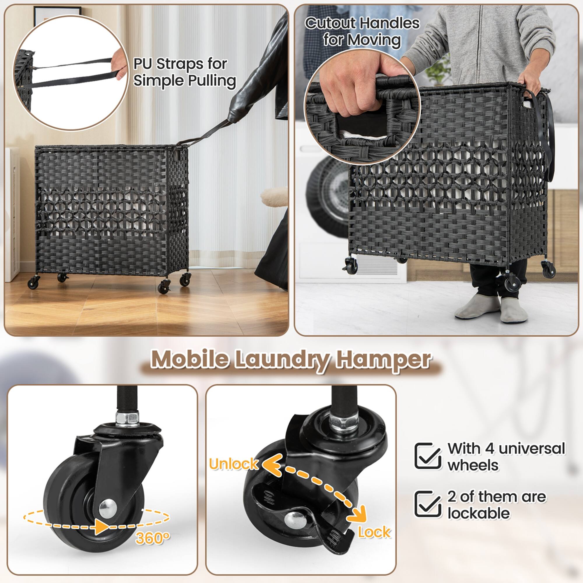 The text on the image is grouped and corrected as follows:

1. PU Straps for Simple Pulling: These straps make it easy to move the mobile laundry hamper.
2. Cutout Handles for Moving: The handles on the hamper allow for easy maneuvering.
3. Mobile Laundry Hamper: This hamper is designed for easy transportation of laundry.
4. Unlock With 4 Universal Wheels: The wheels on the hamper make it easy to move and unlock.
5. 360 Lock: The locking mechanism on the hamper provides security for your belongings.
6. 2 of them are lockable: Two of the wheels are equipped with a locking mechanism for added security.