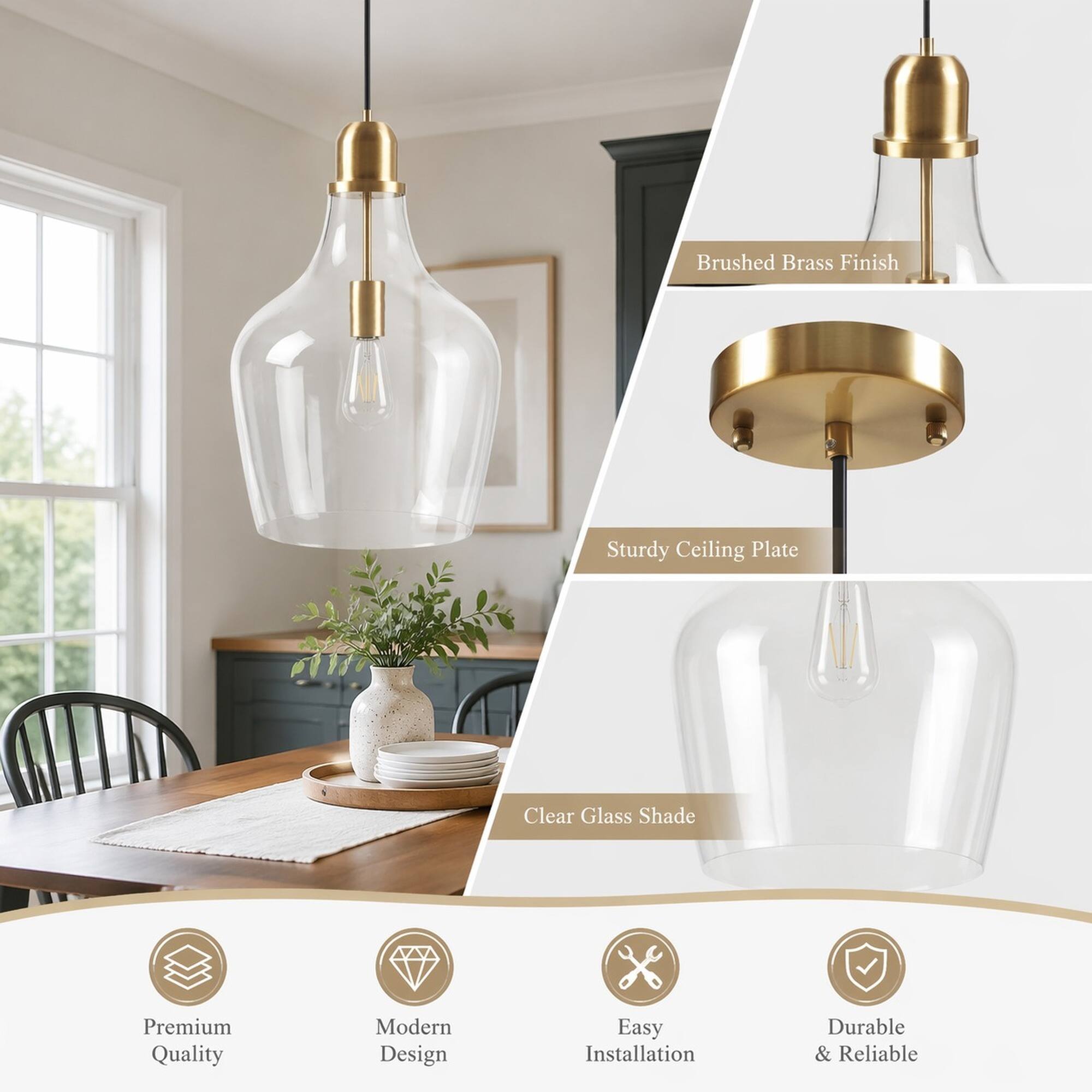 - Brushed Brass Finish
- Sturdy Ceiling Plate
- Clear Glass Shade
- Premium Quality
- Modern Design
- Easy Installation
- Durable & Reliable