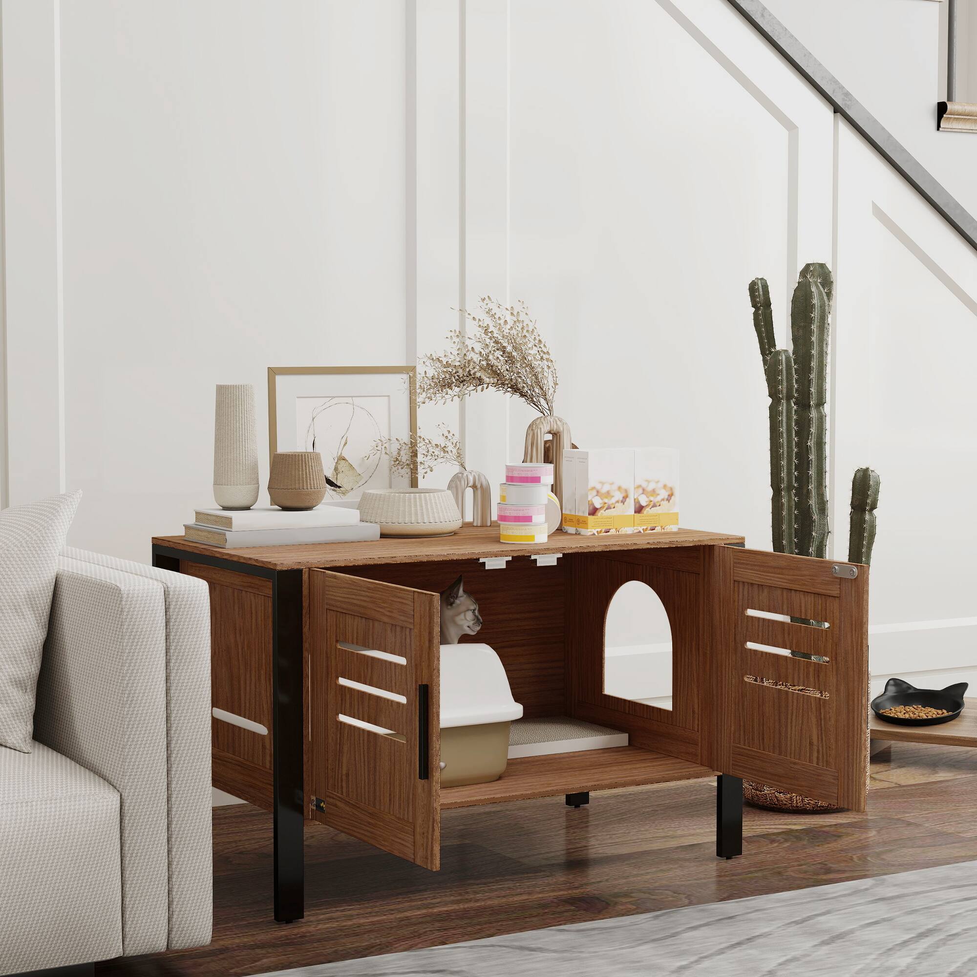 Angle. Pawhut - Cat Litter Box Enclosure, Hidden Furniture Cabinet, Modern Cat Washroom, Dark Brown, 31.5"L x 17.7"W x 19.7"H - Brown.