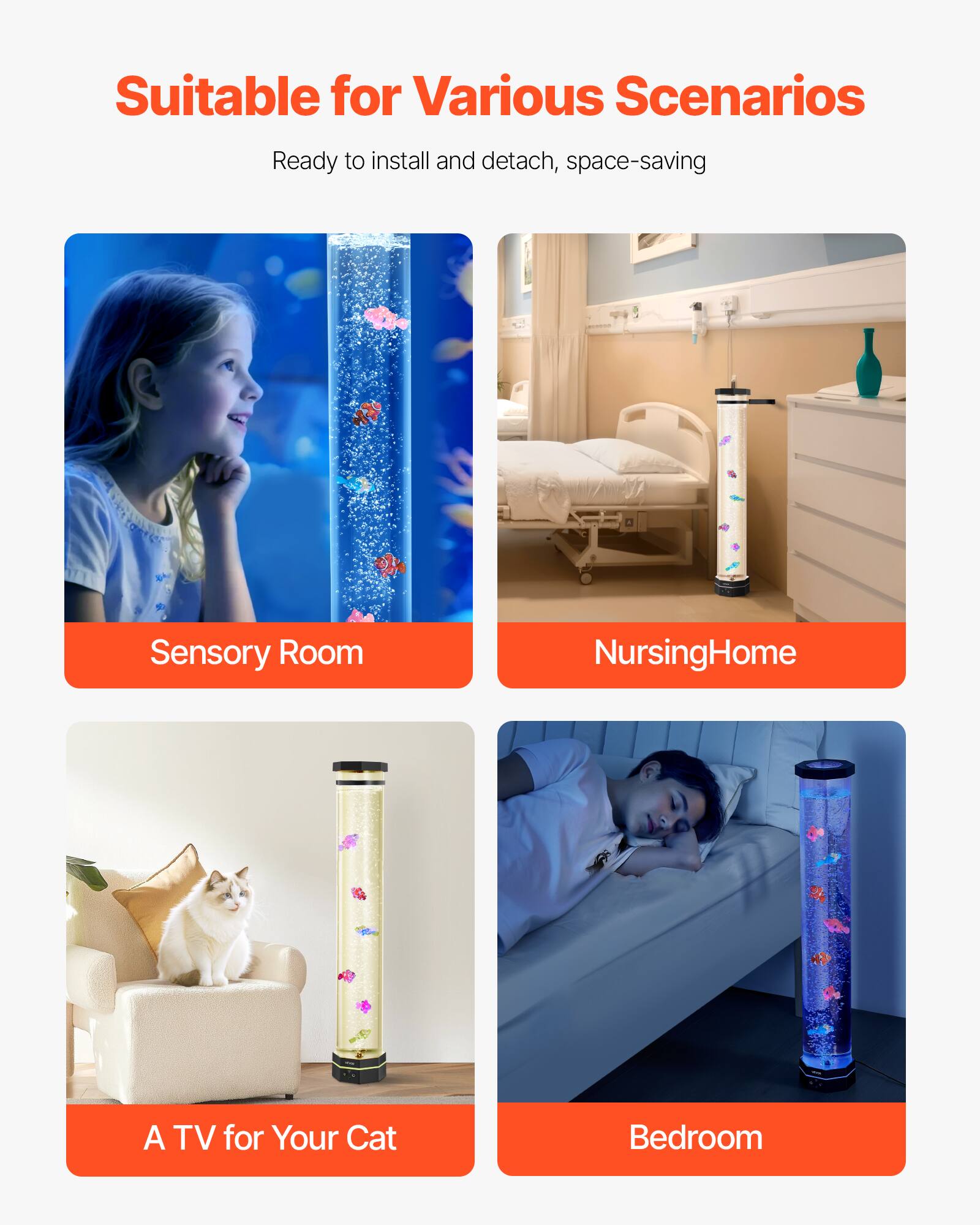 Suitable for Various Scenarios  
Ready to install and detach, space-saving  

Sensory Room  
Nursing Home  
A TV for Your Cat  
Bedroom
