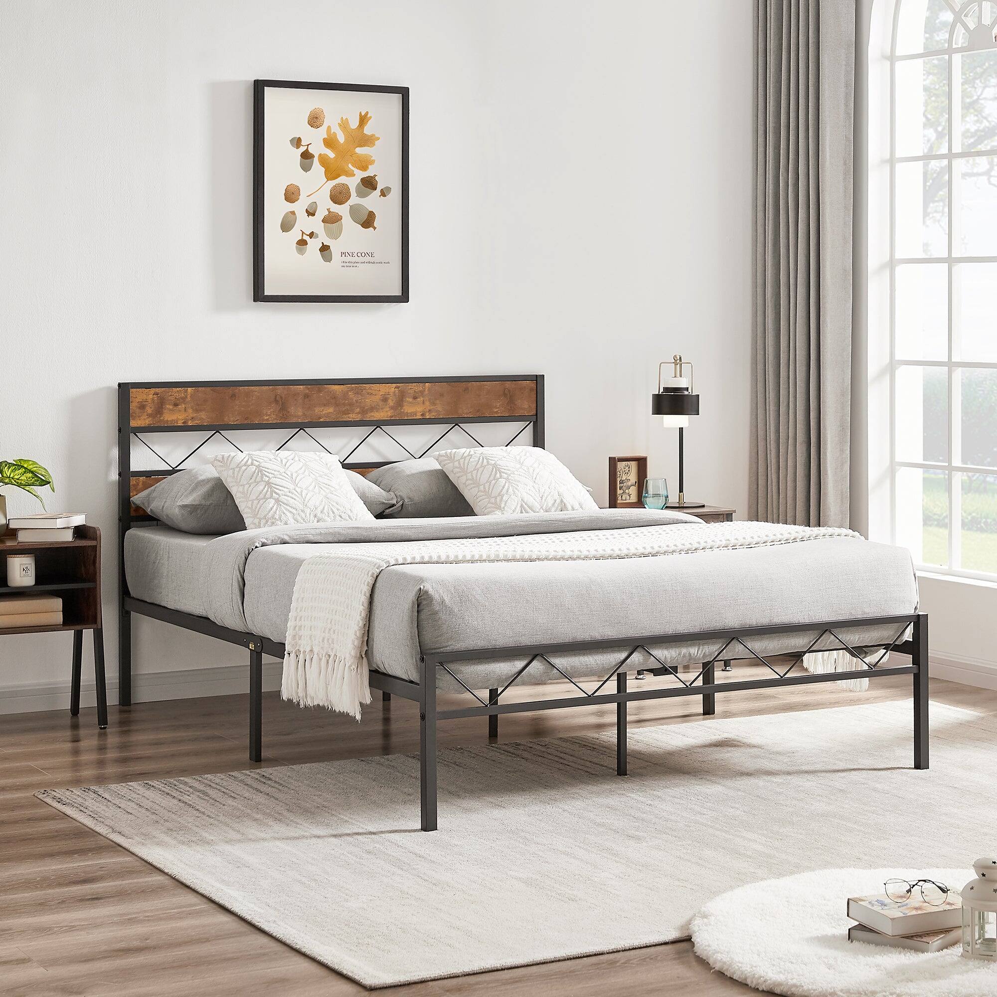 Alt View 1. Vecelo - Queen Size Metal Bed Frame with Wood Headboard, Platform Bed Frame with Storage, No Box Spring Needed - Black.