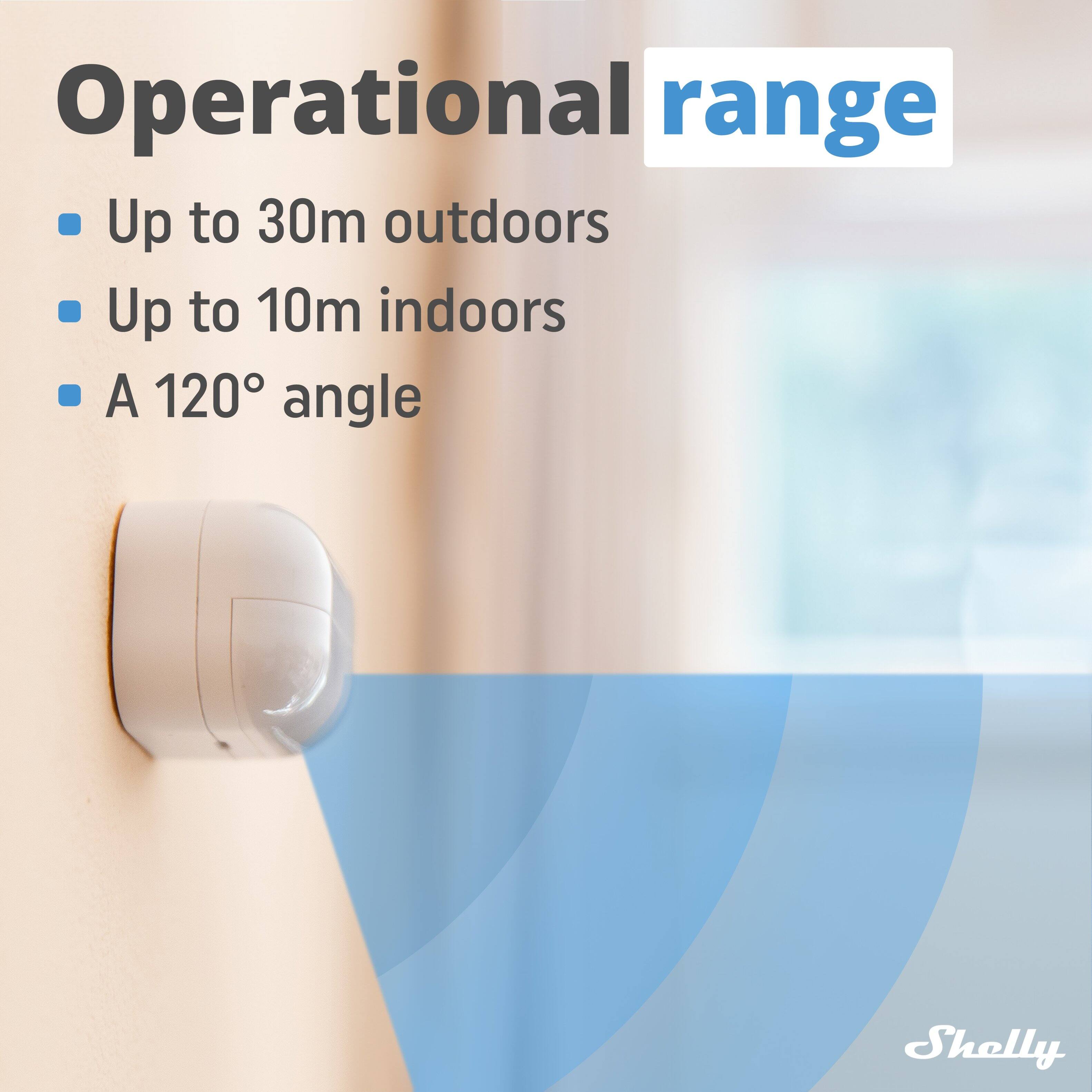 Operational range  
- Up to 30m outdoors  
- Up to 10m indoors  
- A 120° angle  

Shelly