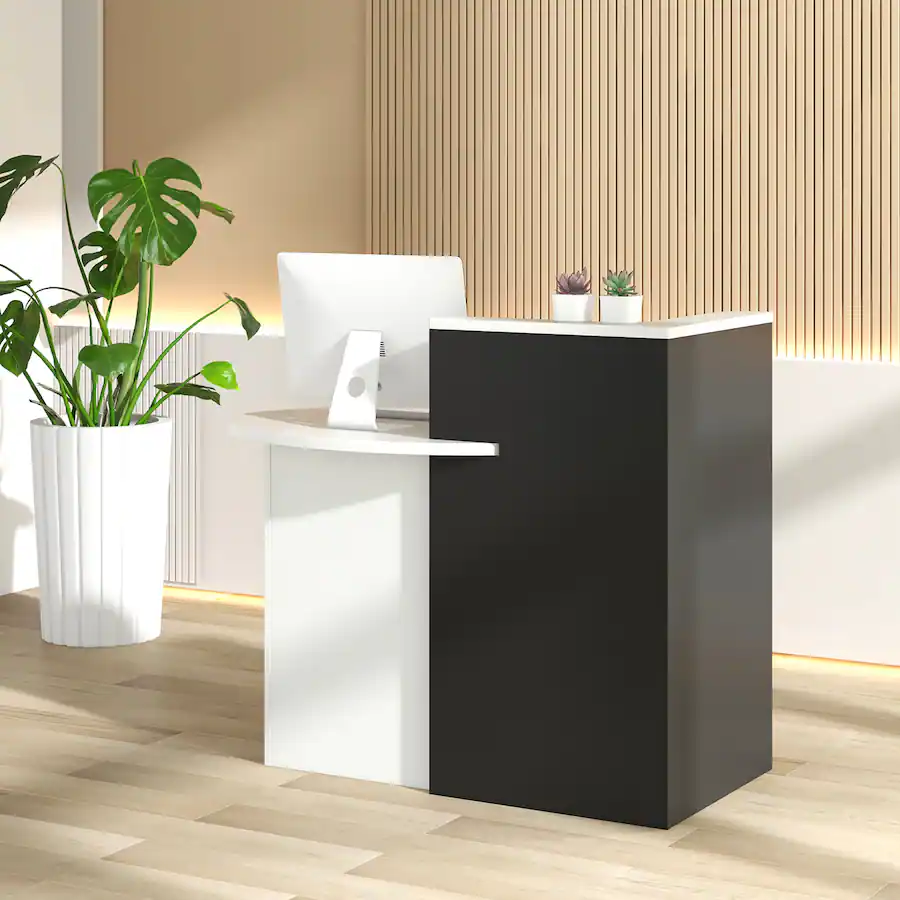 Alt Reception Gymax Front Reception Counter Desk Checkout Office Desk w/ Open Shelf ...