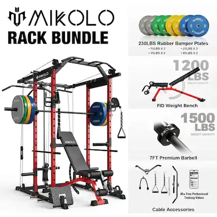 MIKOLLO RACK BUNDLE
- 230LBS Rubber Bumper Plates
- 10LBS x 2
- 25LBS x 2
- 35LBS x 2
- 45LBS x 2
- 1200 LBS WEIGHT CAPACITY
- FID Weight Bench
- 1500 LBS WEIGHT CAPACITY
- 7FT Premium Barbell
- 40+ Free Professional Training Videos
- Cable Accessories