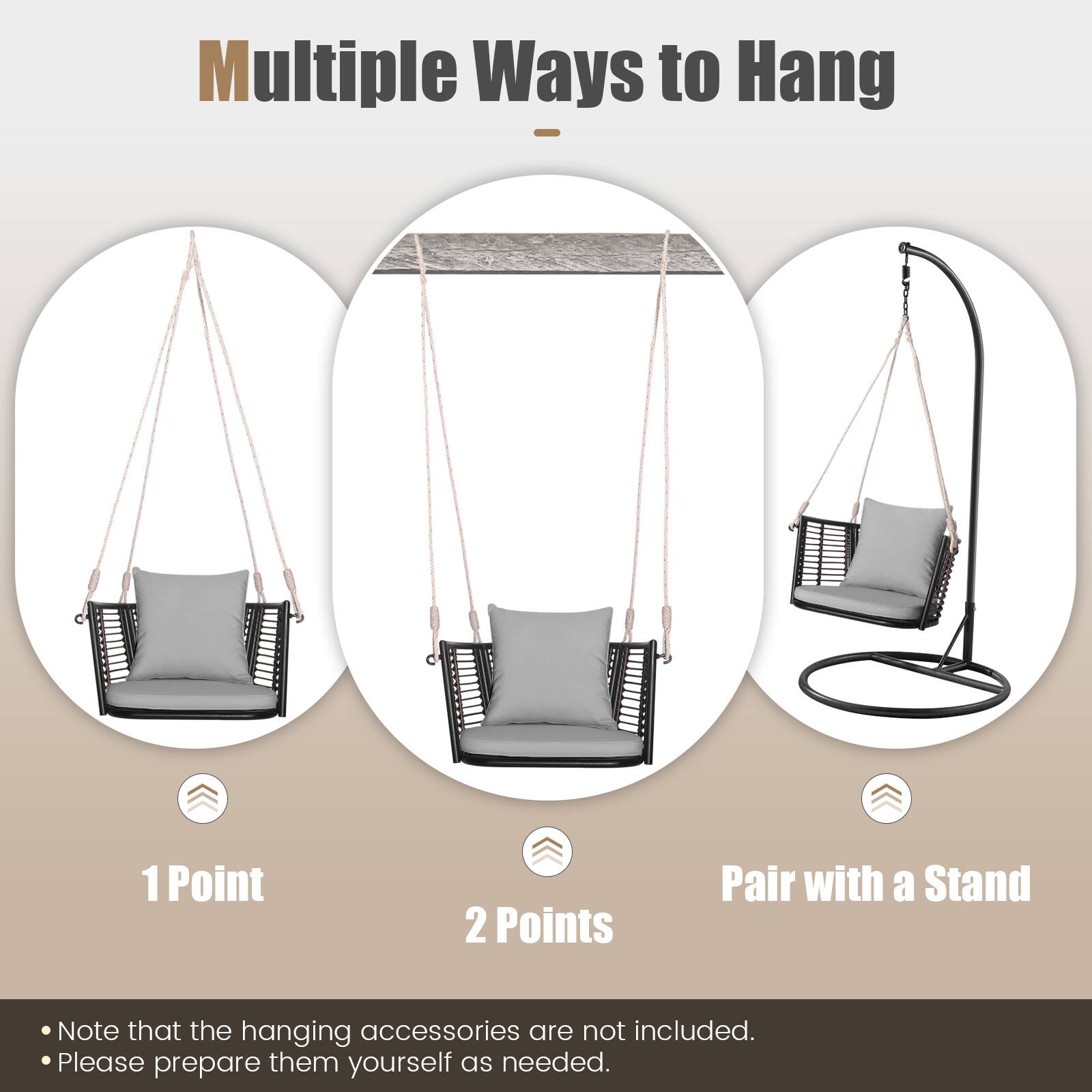 Multiple Ways to Hang

- 1 Point
- 2 Points
- Pair with a Stand

Note that the hanging accessories are not included. Please prepare them yourself as needed.