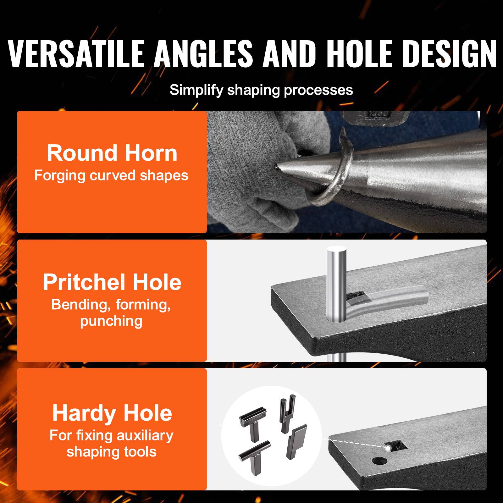 VERSATILE ANGLES AND HOLE DESIGN  
Simplify shaping processes  

Round Horn  
Forging curved shapes  

Pritchel Hole  
Bending, forming, punching  

Hardy Hole  
For fixing auxiliary shaping tools