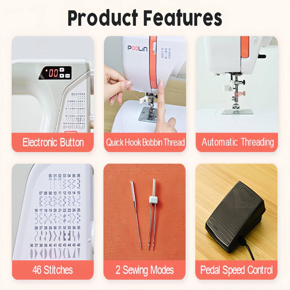 Product Features

- Electronic Button
- Quick Hook Bobbin Thread
- Automatic Threading
- 46 Stitches
- 2 Sewing Modes
- Pedal Speed Control