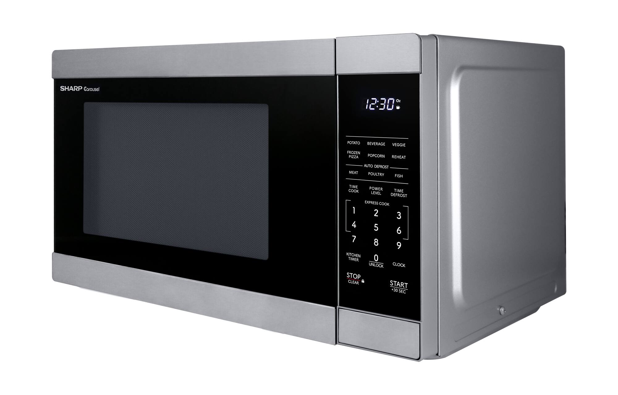 SHARP Carousel

12:30

POTATO  
BEVERAGE  
VEGGIE  
FROZEN PIZZA  
POPCORN  
REHEAT  
AUTO DEFRST  
MEAT  
POULTRY  
FISH  

TIME COOK  
POWER LEVEL  
TIME DEFROST  
EXPRESS COOK  
1 2 3 4 5 6 7 8 9  

KITCHEN TIMER  
0 UNLOCK CLOCK  
STOP CLEAR & START  
+30 SEC