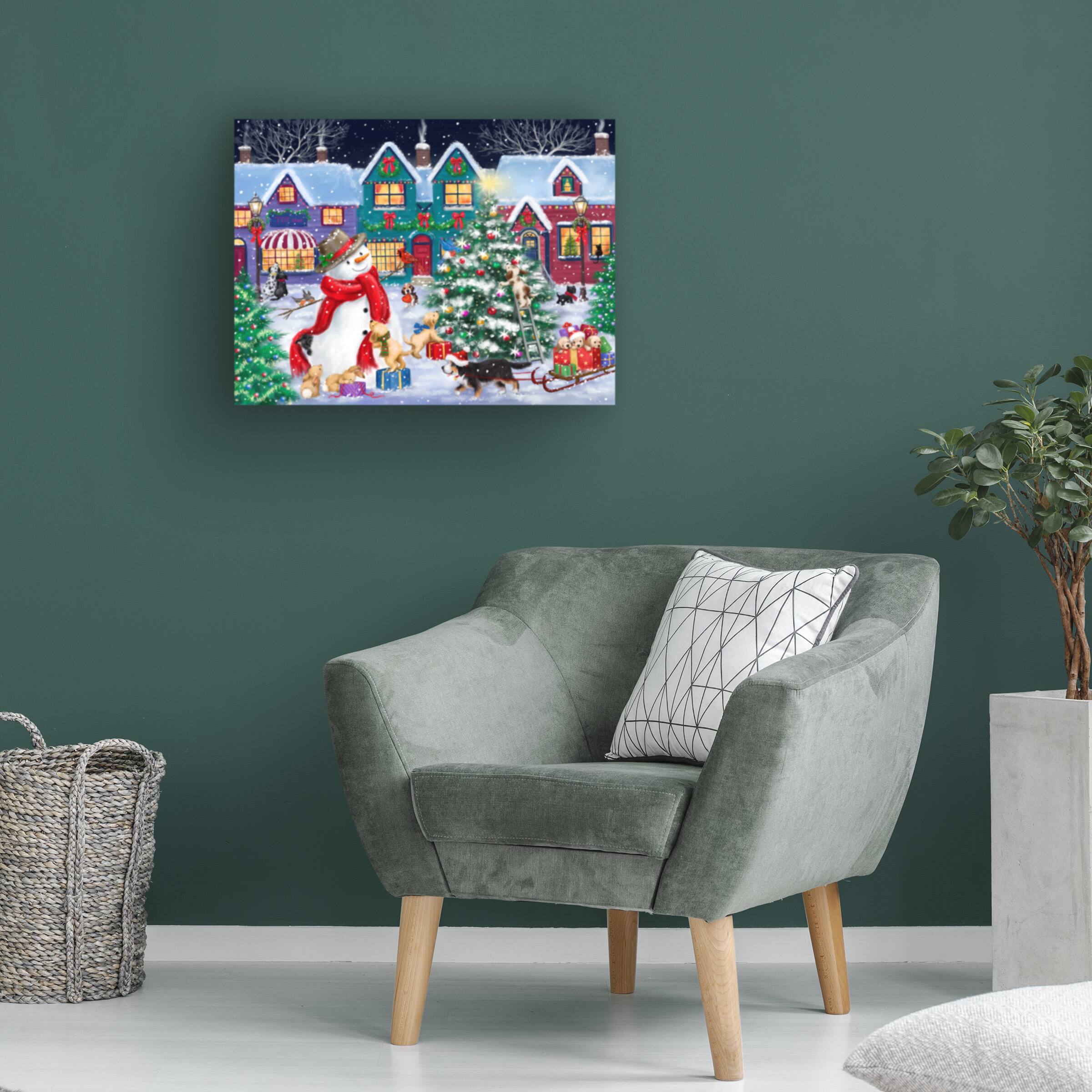Left. Trademark Fine Art - MAKIKO Snowman And Dogs Christmas Street Canvas Art - 35x47 - Multicolor.