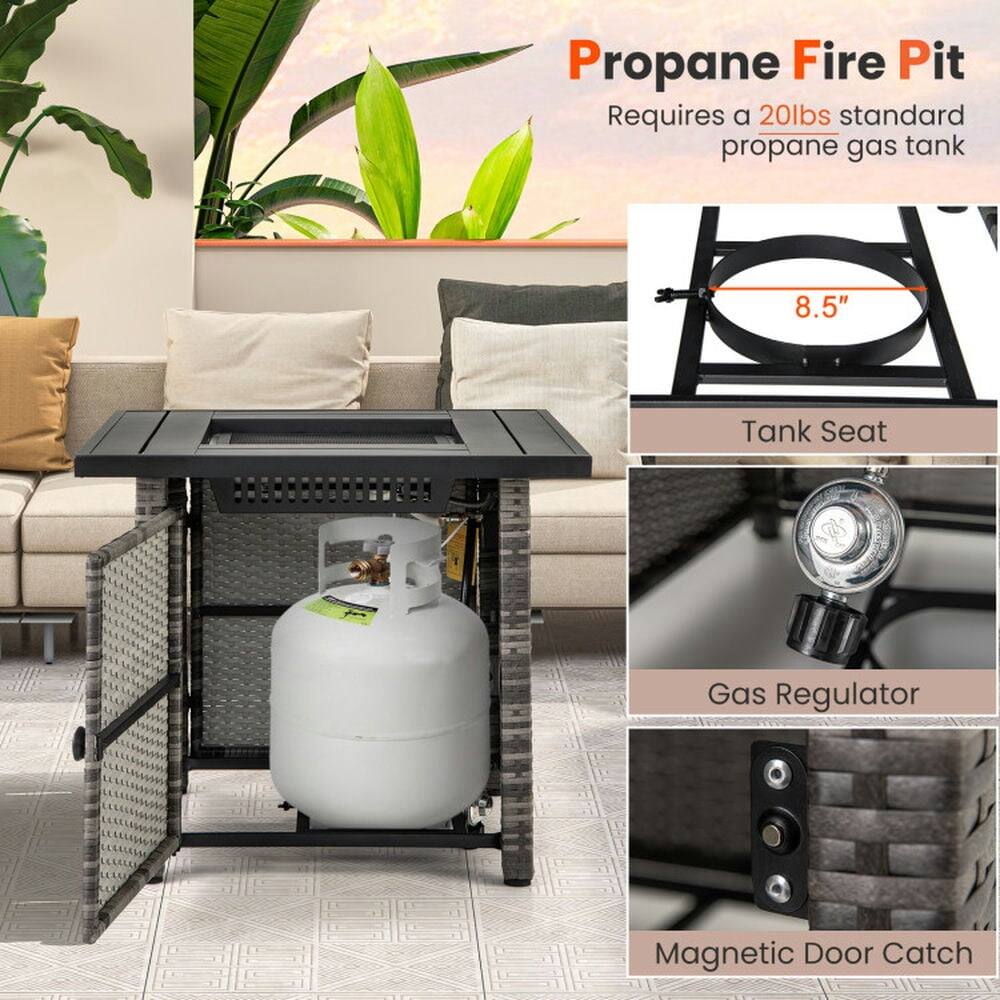 Propane Fire Pit  
Requires a 20lbs standard propane gas tank  

8.5" Tank Seat  
Gas Regulator  
Magnetic Door Catch