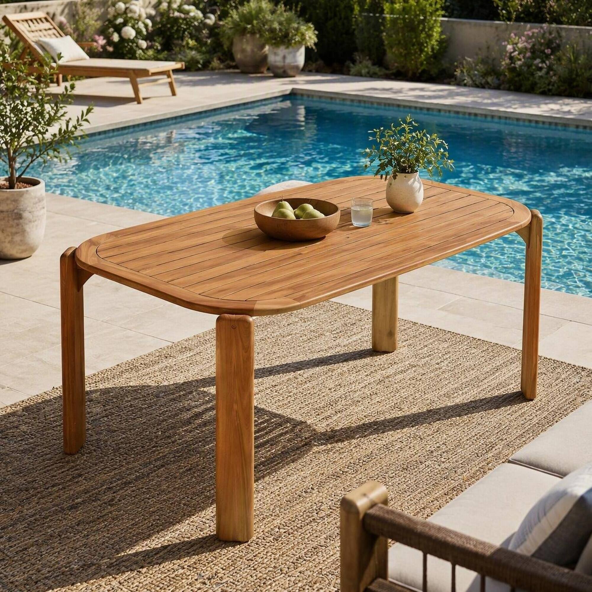 Alt View 1. RYHNUYNE - Acacia Wood Outdoor Dining Table, Teak Finish Slat Design Patio Table For Garden, Backyard And Deck Use - Teak.