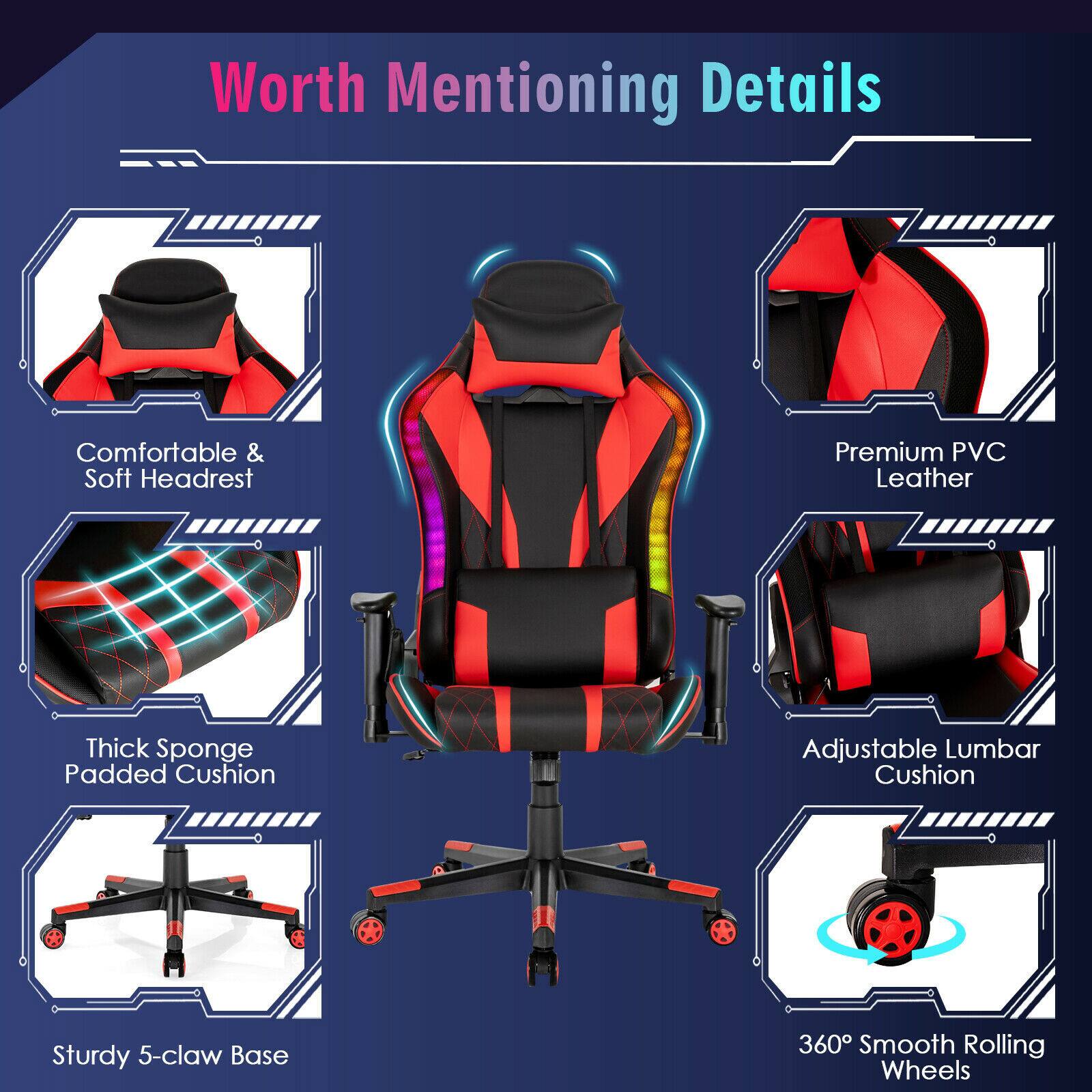 Worth Mentioning Details:

1. Comfortable & Soft Headrest
2. Premium PVC Leather
3. Thick Sponge Padded Cushion
4. Adjustable Lumbar Cushion
5. Sturdy 5-claw Base
6. 360 Smooth Rolling Wheels