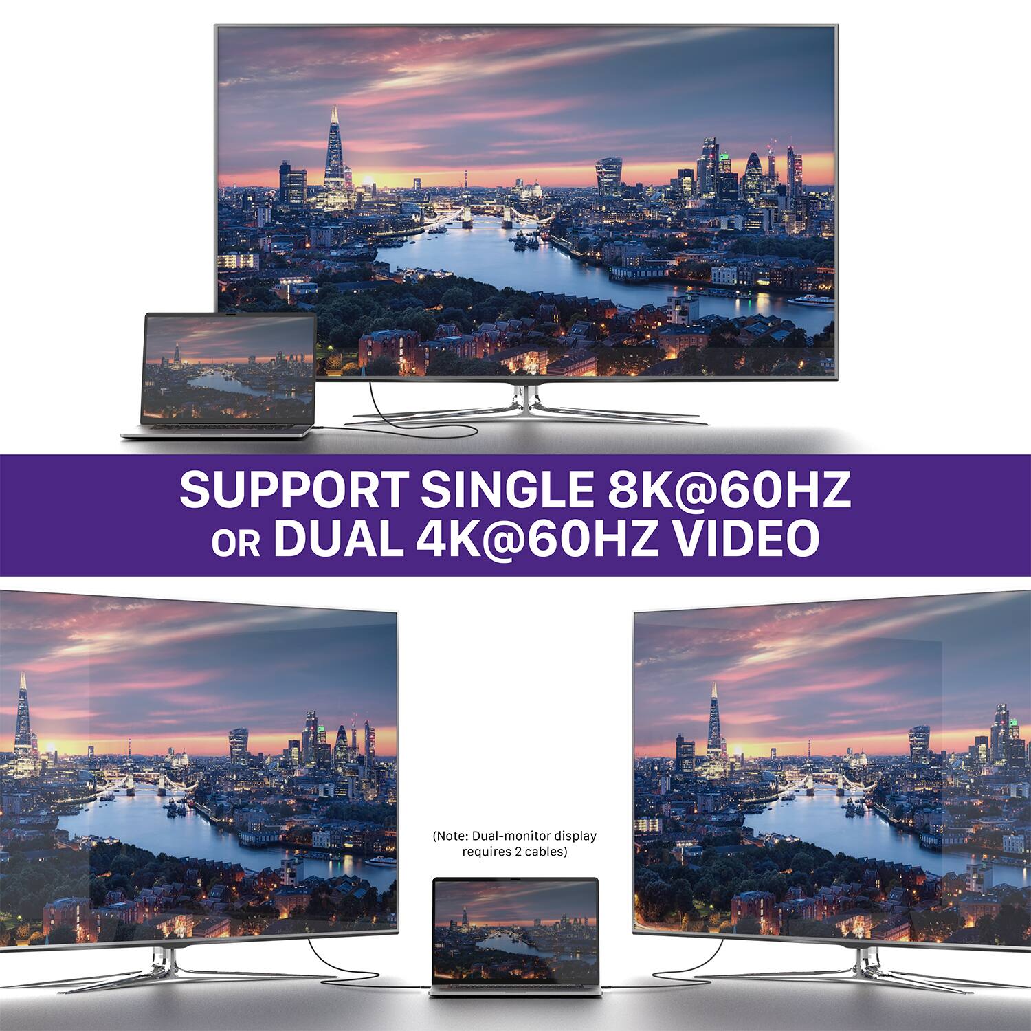 SUPPORT SINGLE 8K@60HZ OR DUAL 4K@60HZ VIDEO

(Note: Dual-monitor display requires 2 cables)