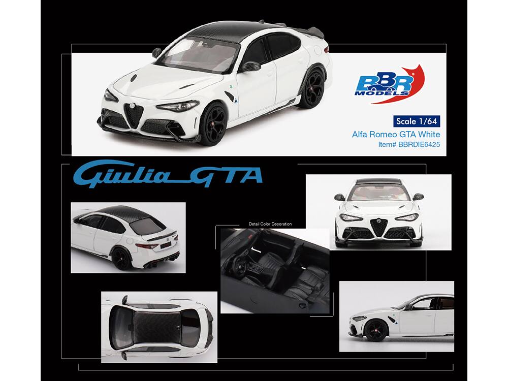 FBR B MODELS  
a_CTA  
Scale 1/64  
Alfa Romeo GTA White  
Item# BBRDIE6425  
Detail Color Decoration