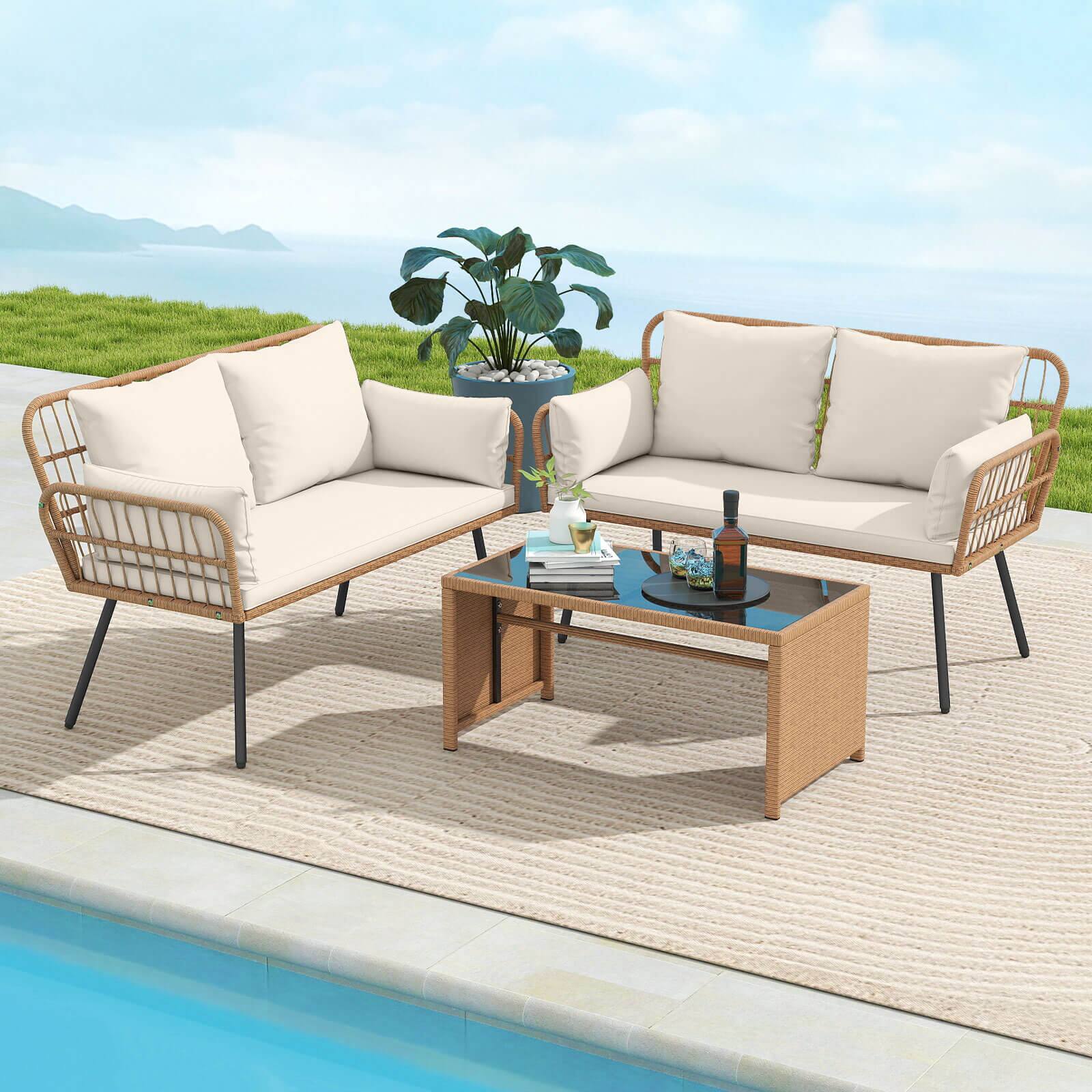 Alt View 4. Costway - Costway Patio Wicker Loveseat Furniture with Seat Back Cushions, Heavy-Duty Metal Legs - Off White.