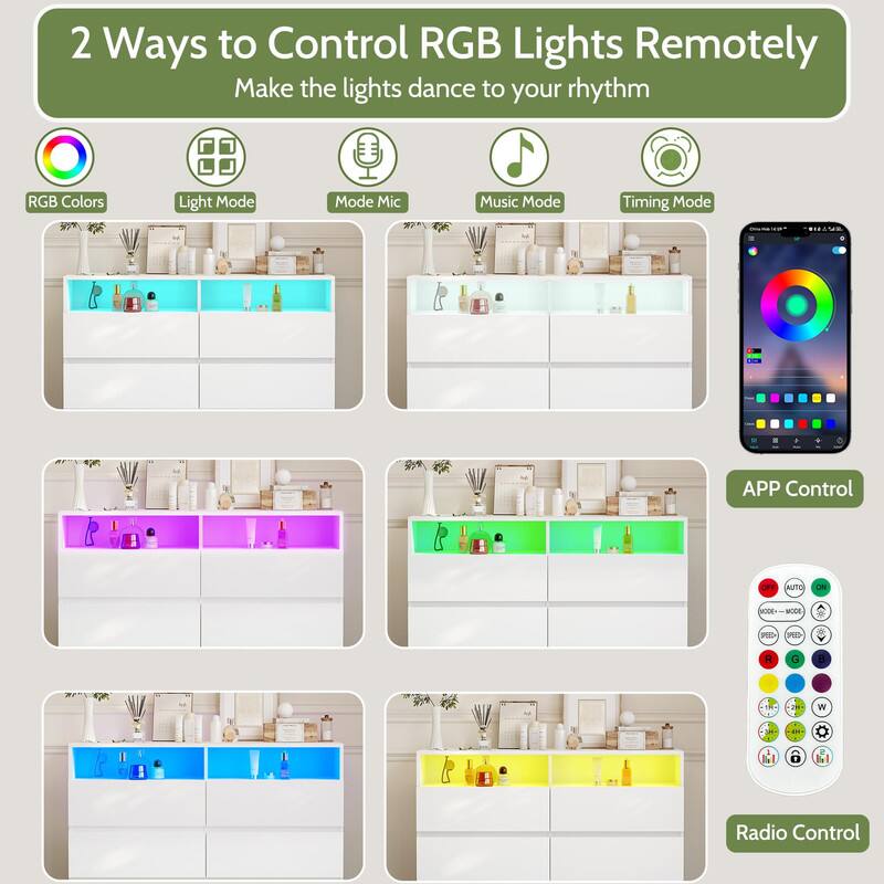 2 Ways to Control RGB Lights Remotely  
Make the lights dance to your rhythm

- RGB Colors
- Light Mode
- Mode Mic
- Music Mode
- Timing Mode

APP Control

Radio Control