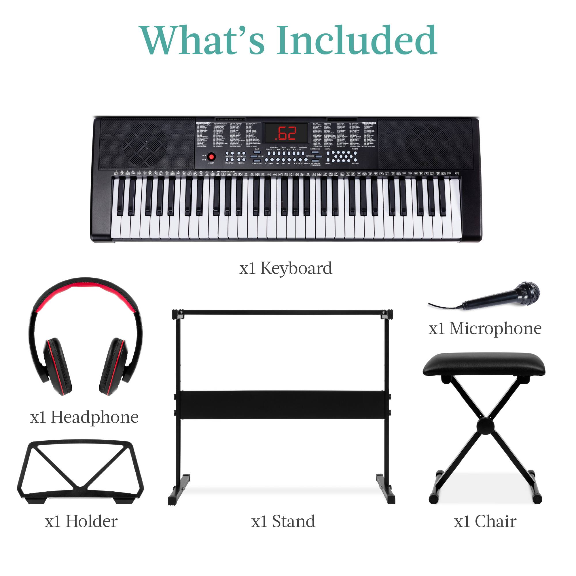 What's Included

x1 Keyboard  
x1 Microphone  
x1 Headphone  
x1 Holder  
x1 Stand  
x1 Chair