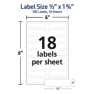 Label Size 1/2" x 1 3/4"  
180 Labels, 10 Sheets  
4" x 6"  
18 labels per sheet  
1" T  
1/2"