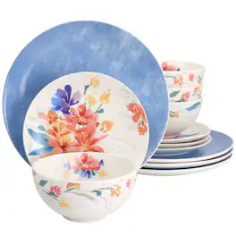 Spice By Tia Mowry - Goji Blossom 12 Piece Fine Ceramic Dinnerware Set - Blue