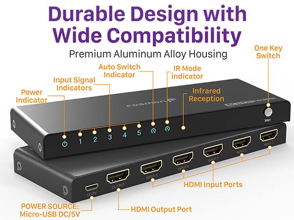 Durable Design with Wide Compatibility, One Key Switch, Premium Aluminum Alloy Housing, Auto Switch, IR Mode Indicator, Input Signal Indicators, Power Indicator, Infrared Reception, Select, 1, 2, 3, 4, 5, HDMI Input Ports, HDMI Output Port, POWER SOURCE: Micro-USB DC/5V