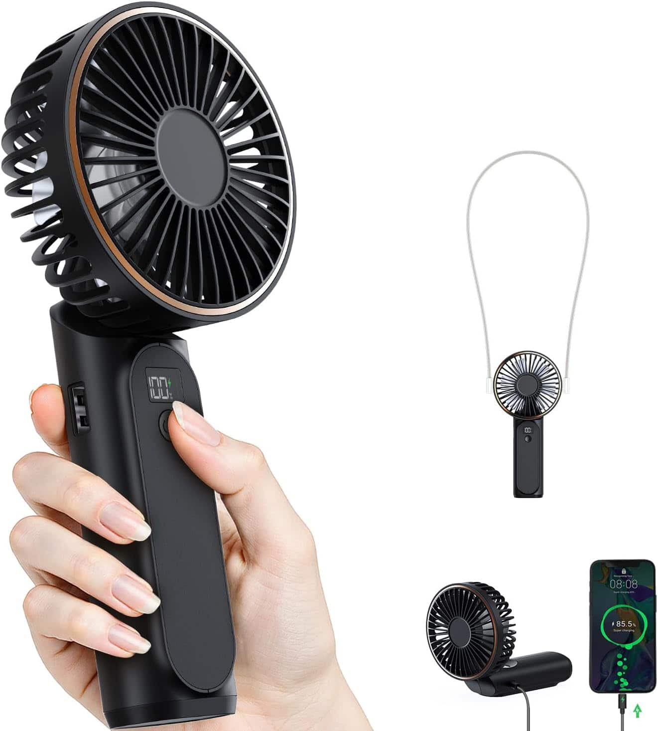 FINEAK - Black 4000mAh Rechargeable Foldable Handheld Fan 6-Speed Quiet Power Bank