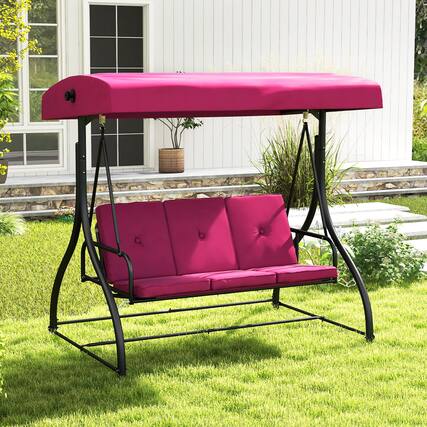 Front. Gymax - Gymax Converting Patio Swing Chair Porch Swing Bed w/Adjustable Canopy & Thickened Cushion Wine - Wine.