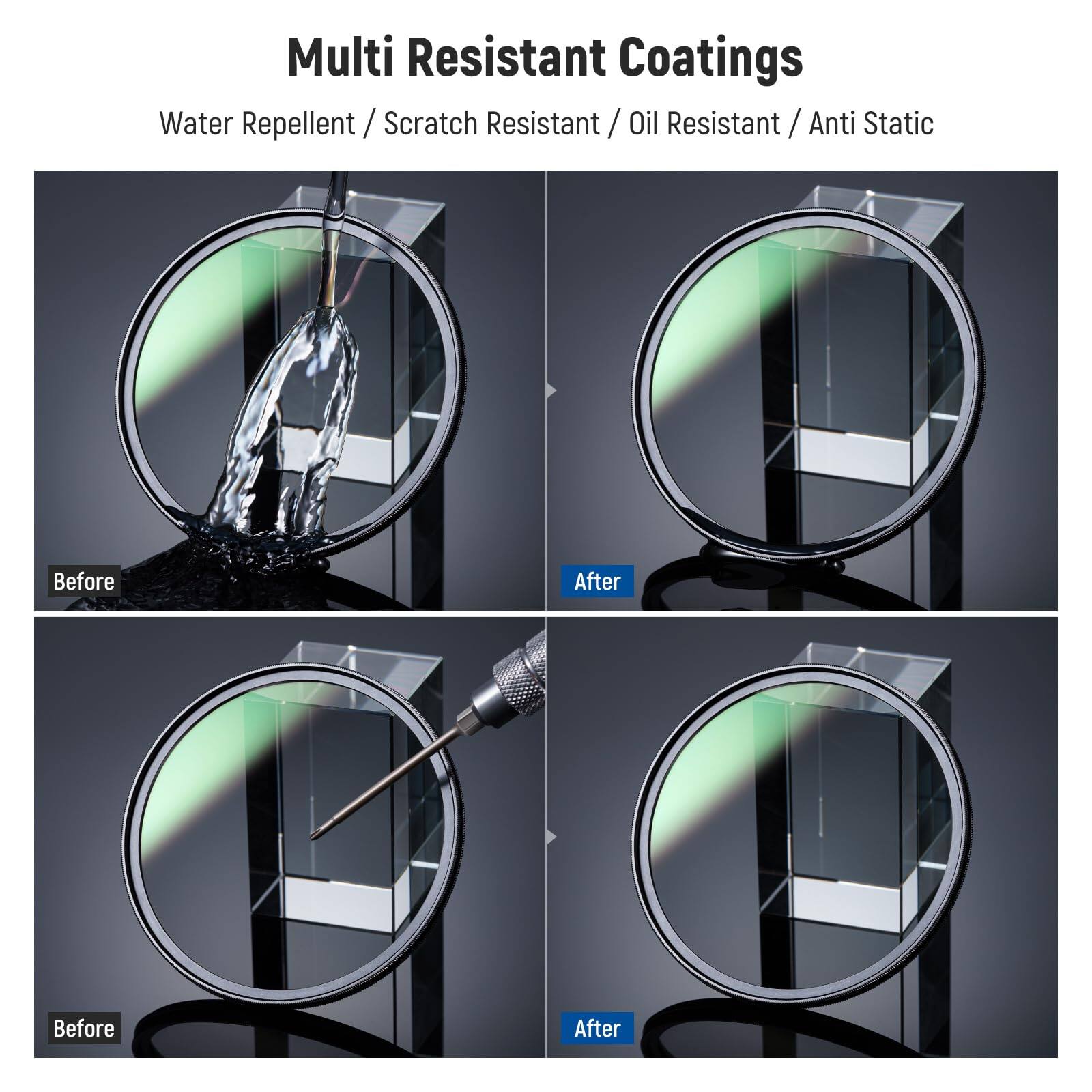 Multi Resistant Coatings  
Water Repellent / Scratch Resistant / Oil Resistant / Anti Static  

Before After  
Before After